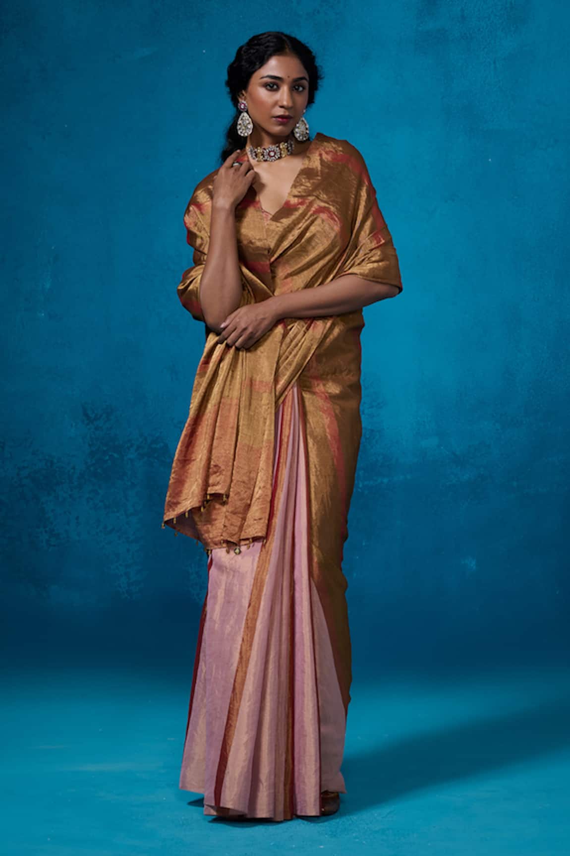 Dressfolk Yamika Tissue Pre-Draped Saree With Unstitched Blouse Piece 