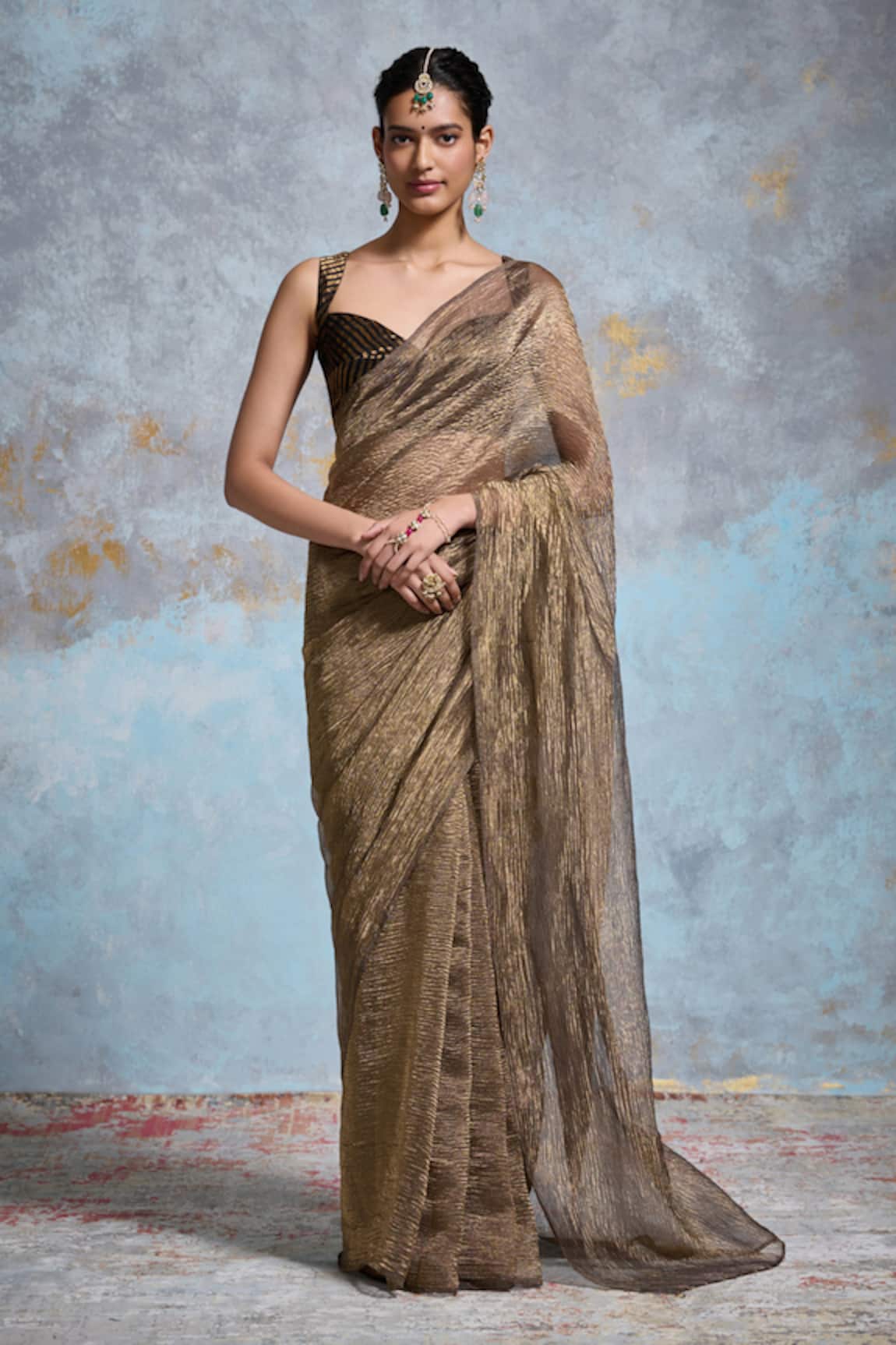 Dressfolk Krissha Tissue Pre-Draped Saree With Unstitched Blouse Piece 