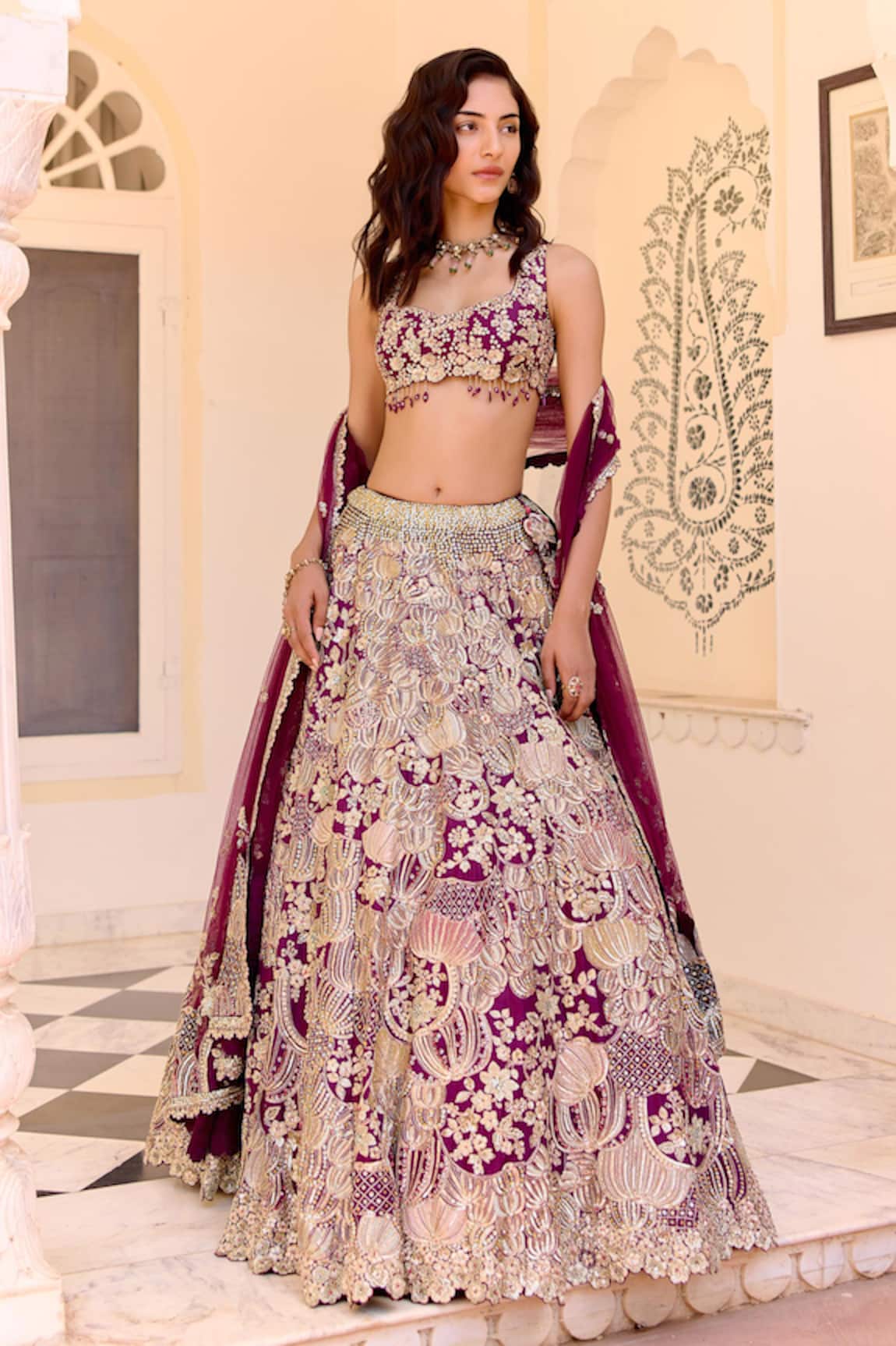 Osaa By Adarsh Dark Plum Embroidered Lehenga Set 