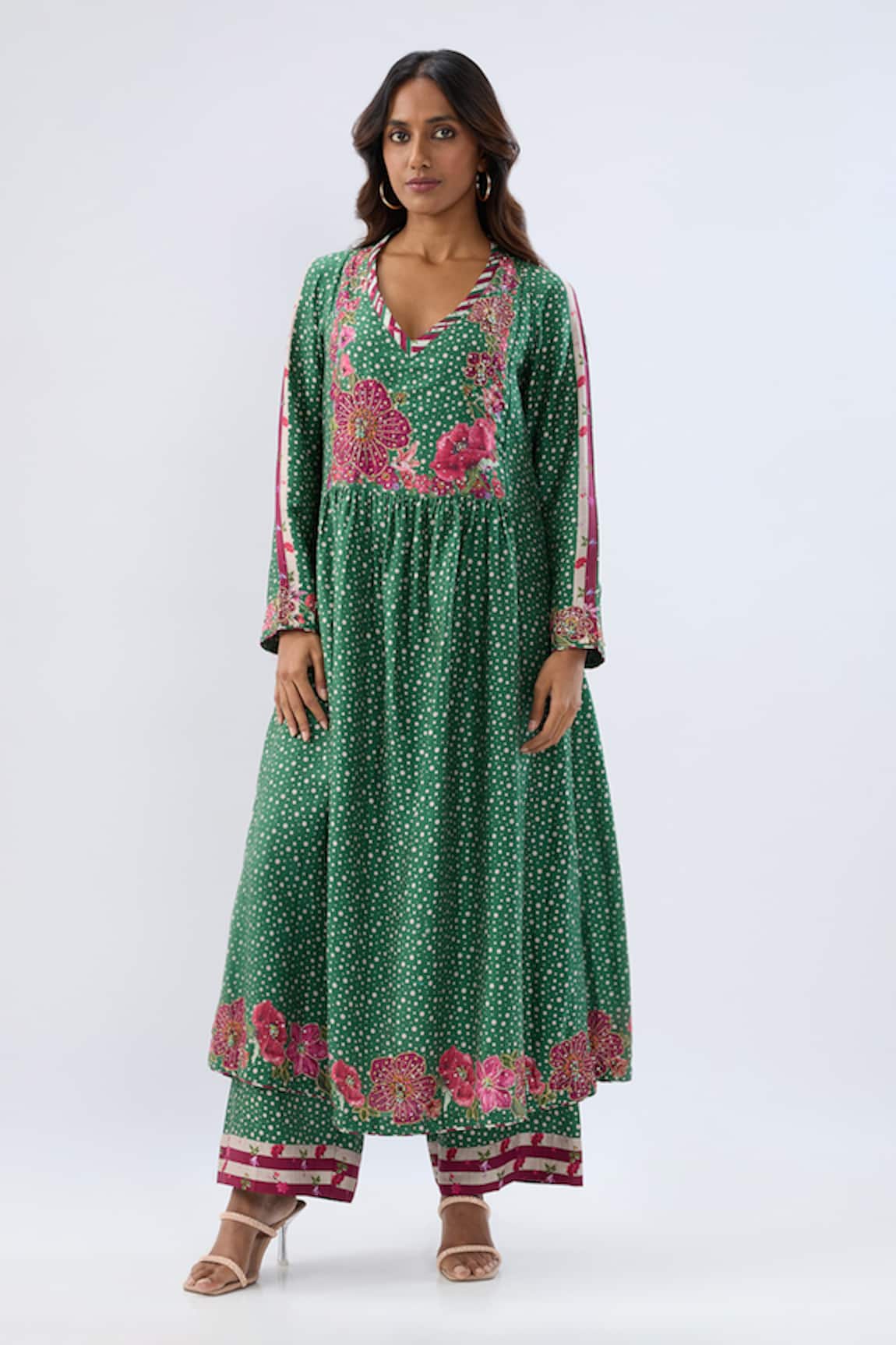 Label Niti Bothra Blossom Dark Green Gathered Yoke Kurta Set 