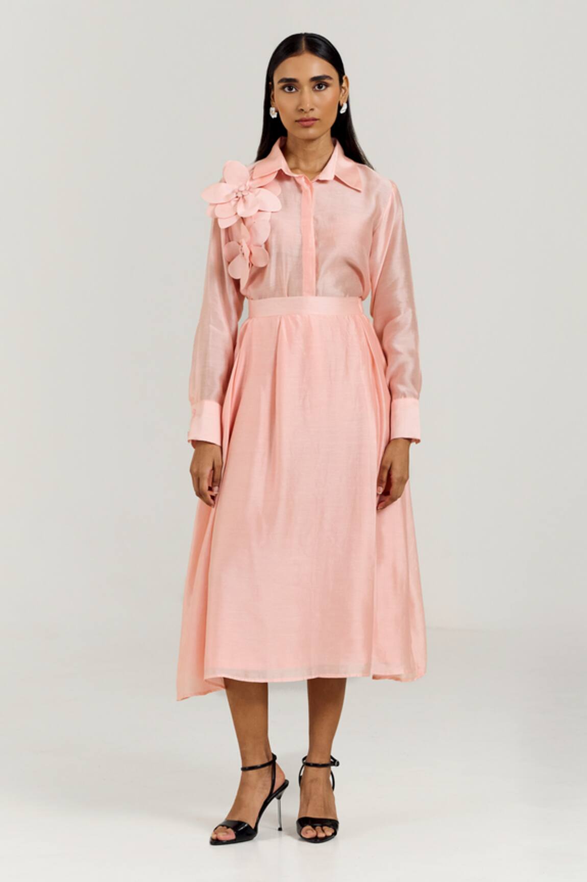 Notsosure 3D Flower Embellished Shirt With Skirt