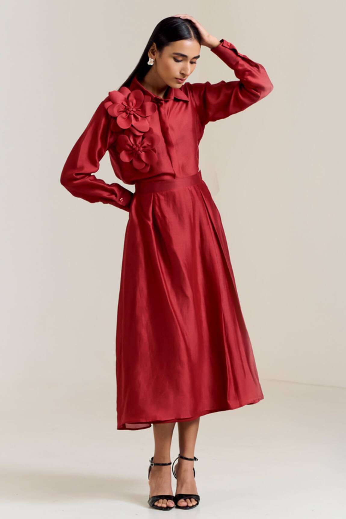 Notsosure 3D Floral Embellished Shirt With Skirt