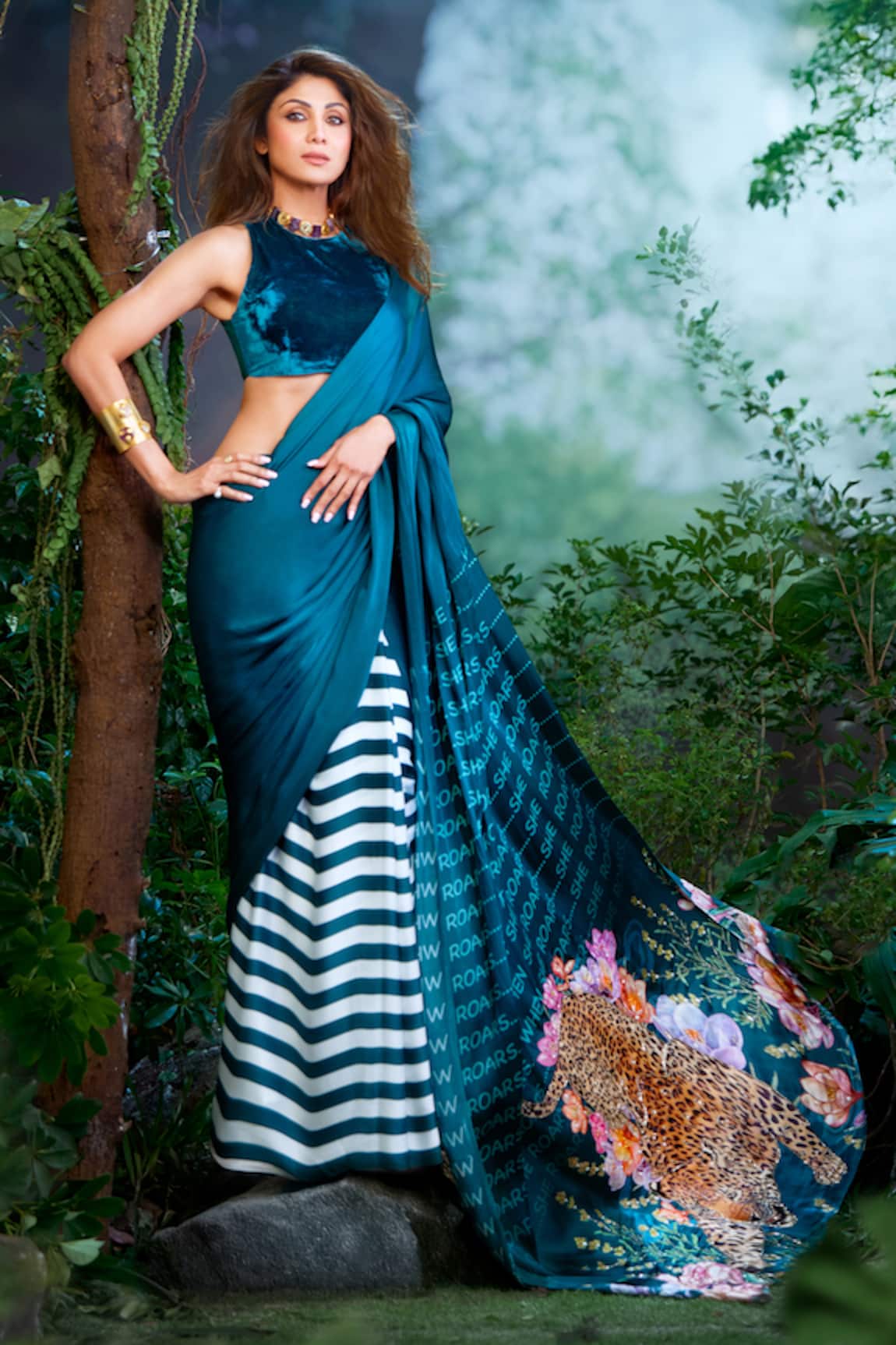 Aza X Shilpa Shetty Kundra Half n Half Printed Saree With Sheer Back Blouse 