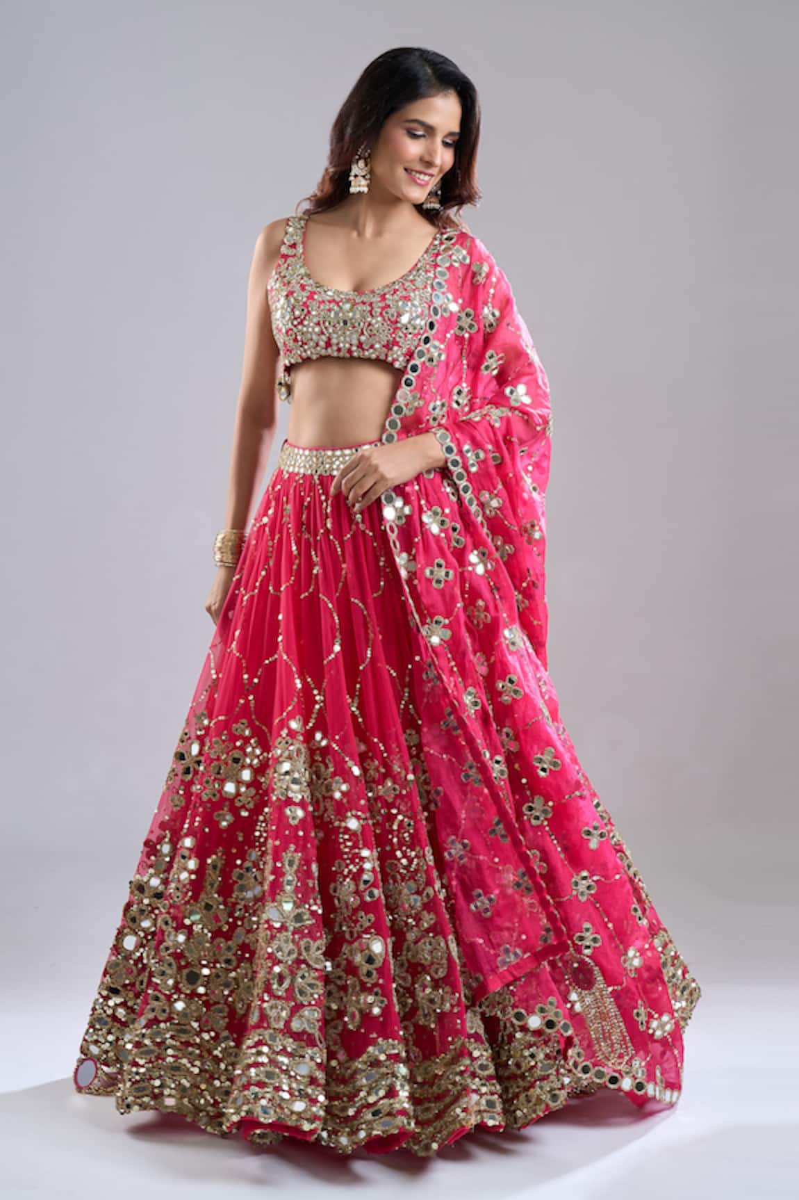 Abhinav Mishra Barsaat Pink Mirror Embroidered Lehenga Set 