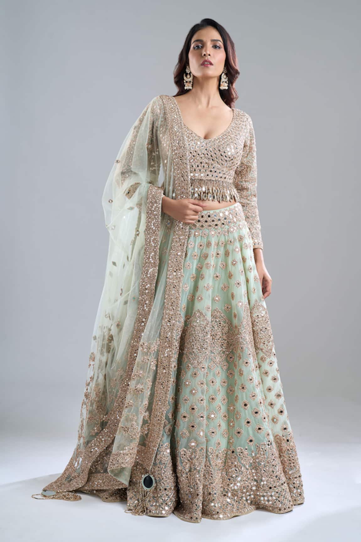 Abhinav Mishra Mint Green Embroidered Lehenga Set 