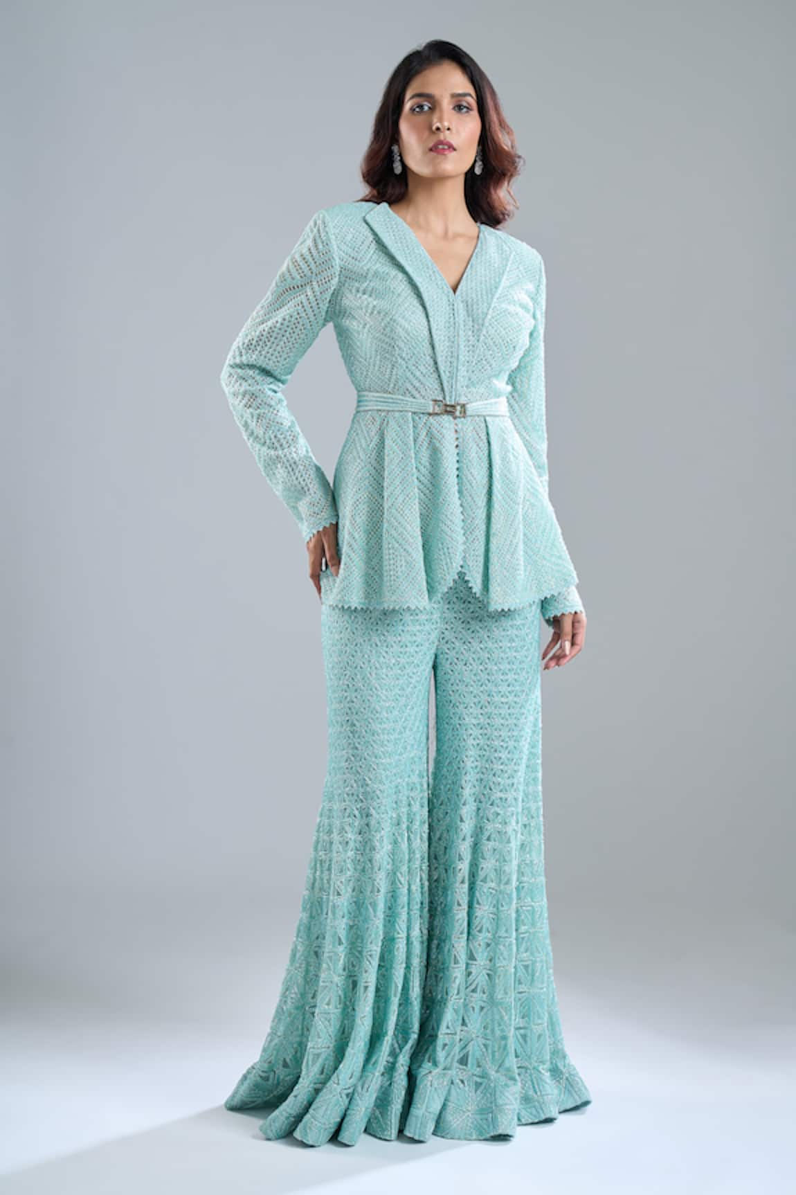 Ritika Mirchandani Aqua Embroidered Blazer & Gharara Set 