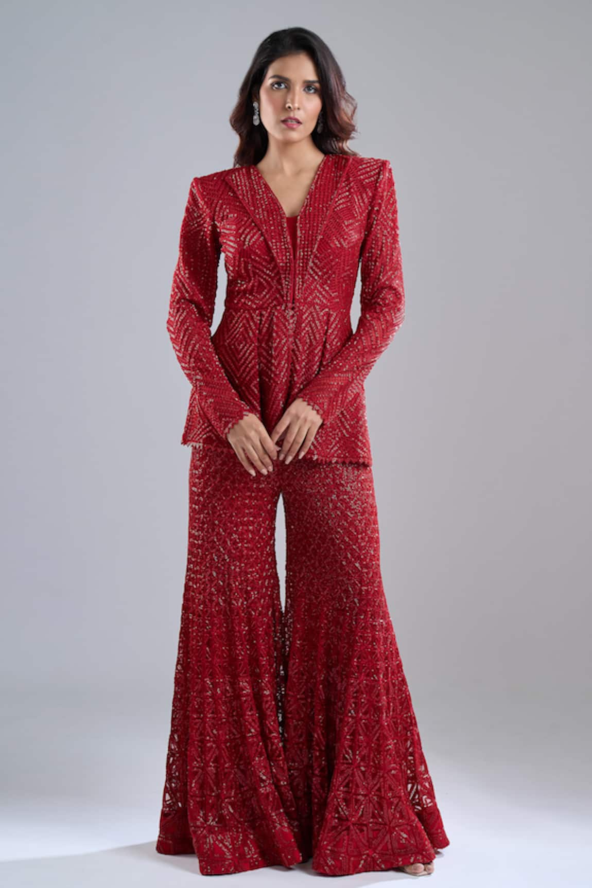 Ritika Mirchandani Red Embroidered Blazer & Gharara Set 