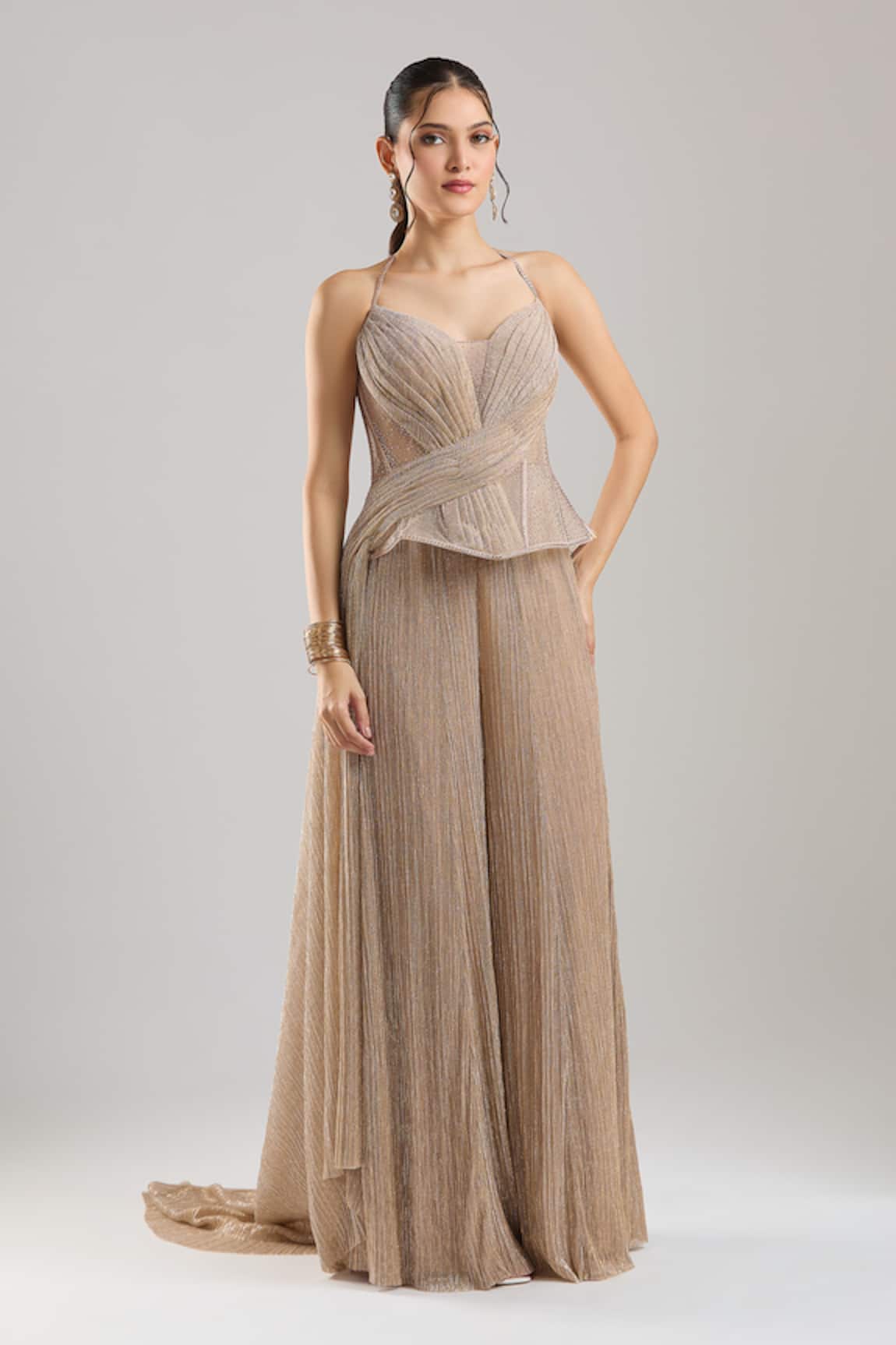 Tarun Tahiliani Shimmer Champagne Trouser Corset Set 