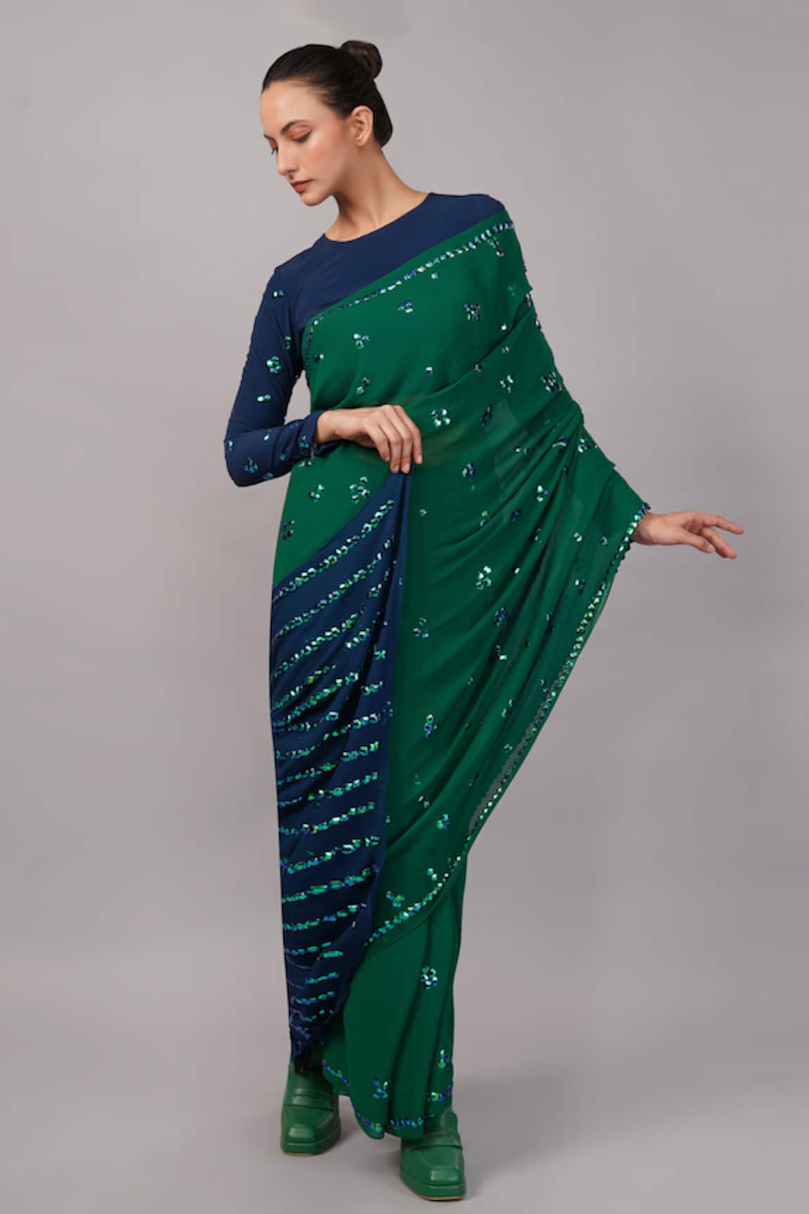 Abraham And Thakore French Cut Sequin Embellished Saree 