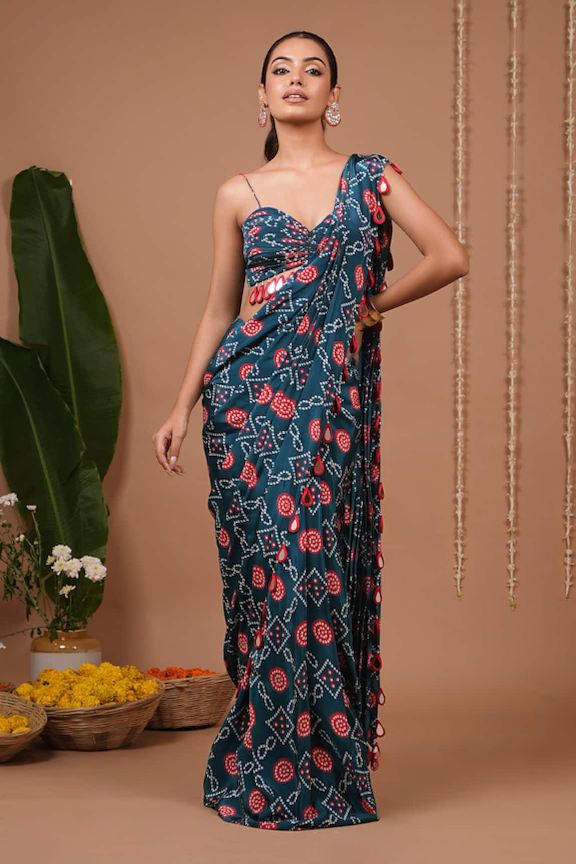 Ahi Clothing Flower Pattern Pre-Draped Saree & Blouse Set 