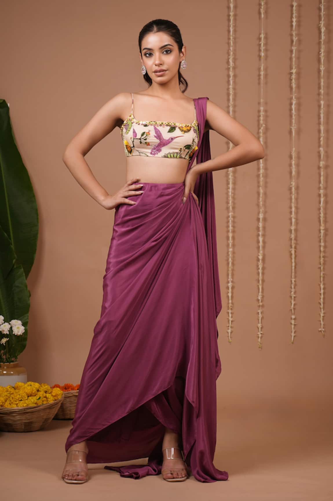 Ahi Clothing Pre-Draped Saree & Floral Pattern Blouse Set 