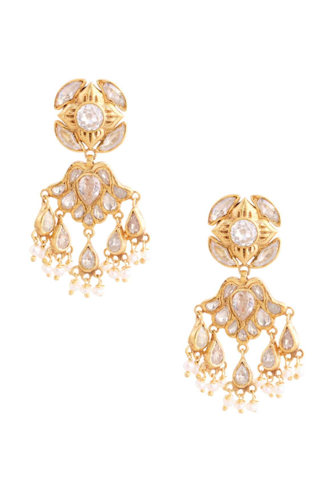 Anita Dongre Roshnara Zircon & Pearl Gold Polish Drop Earrings
