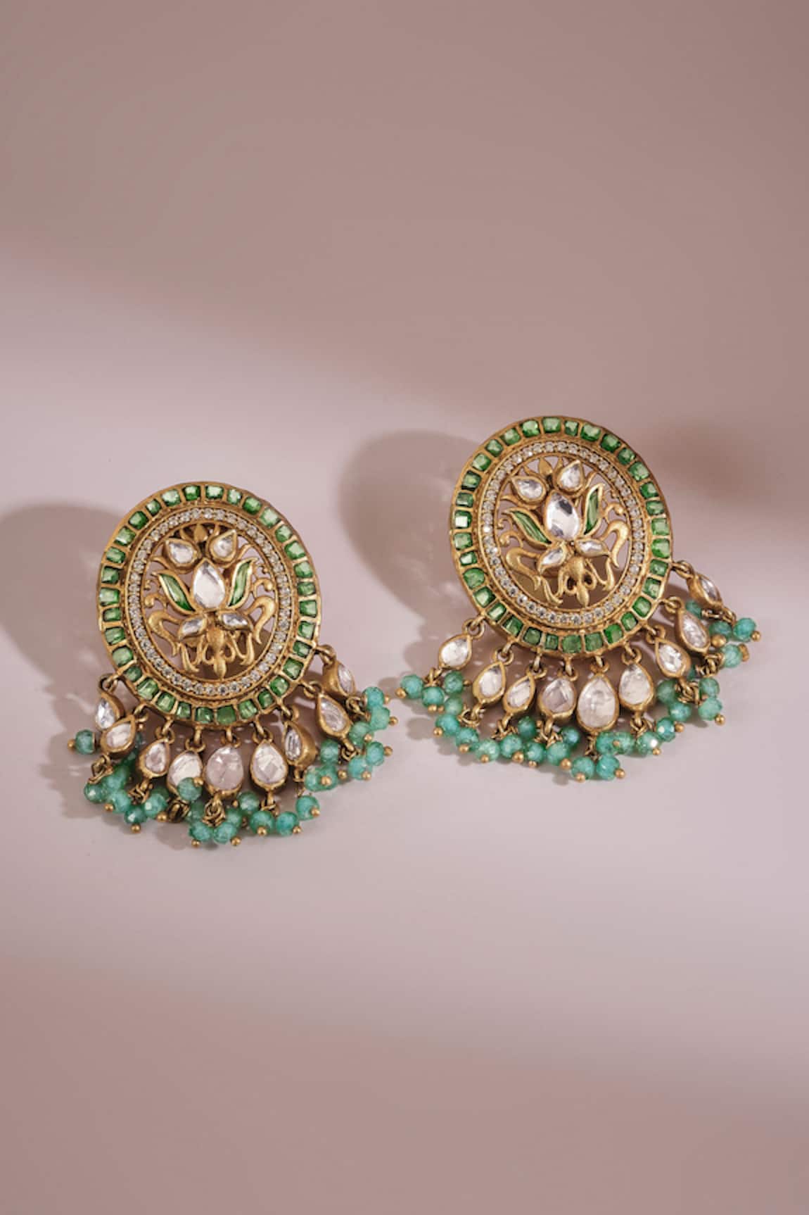 Anita Dongre Rumeysa Lotus Motif Zircon & Stone Drop Earrings