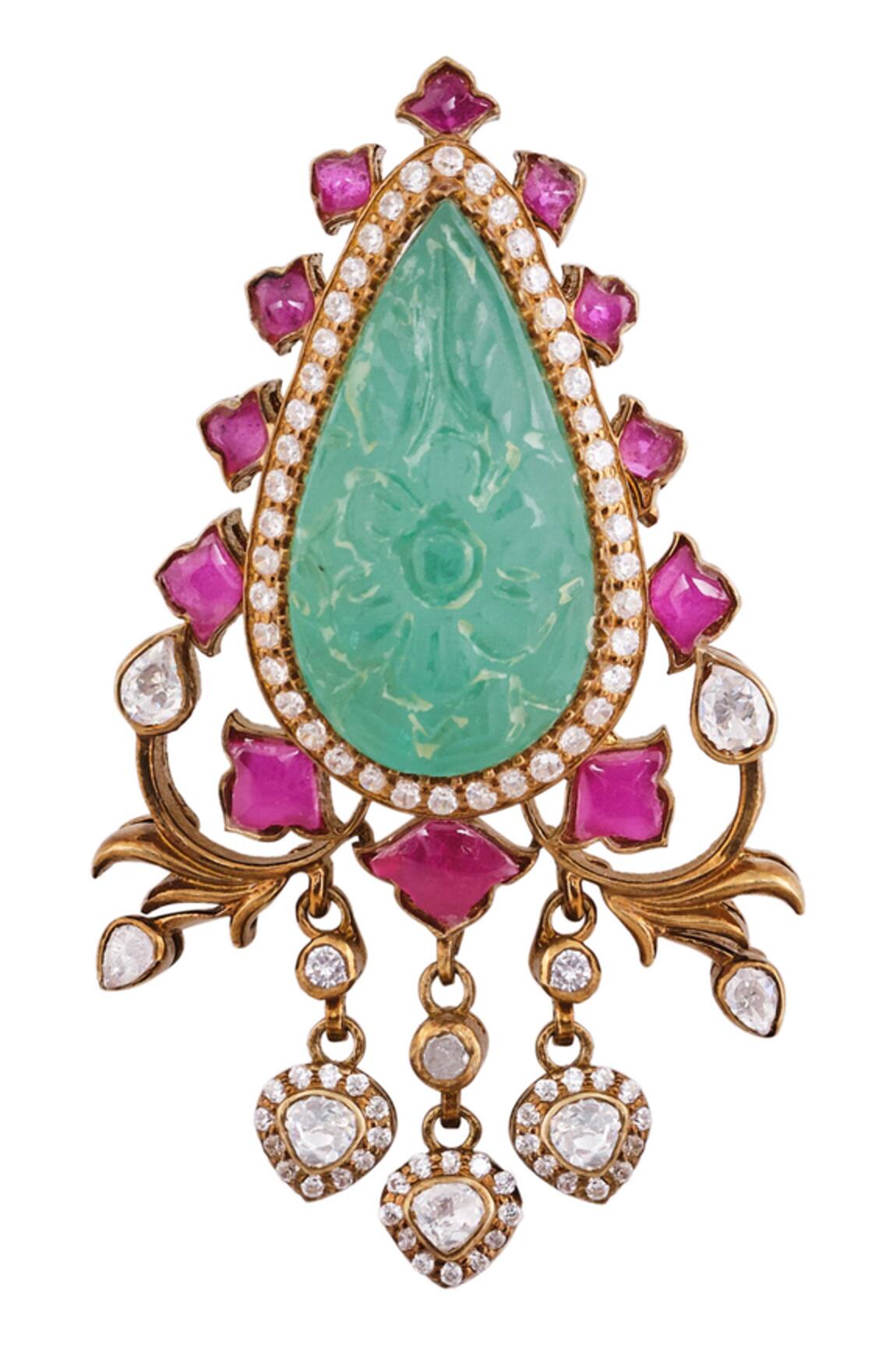 Anita Dongre Saharnaz Carved Stone Zircon & Pearl Brooch 