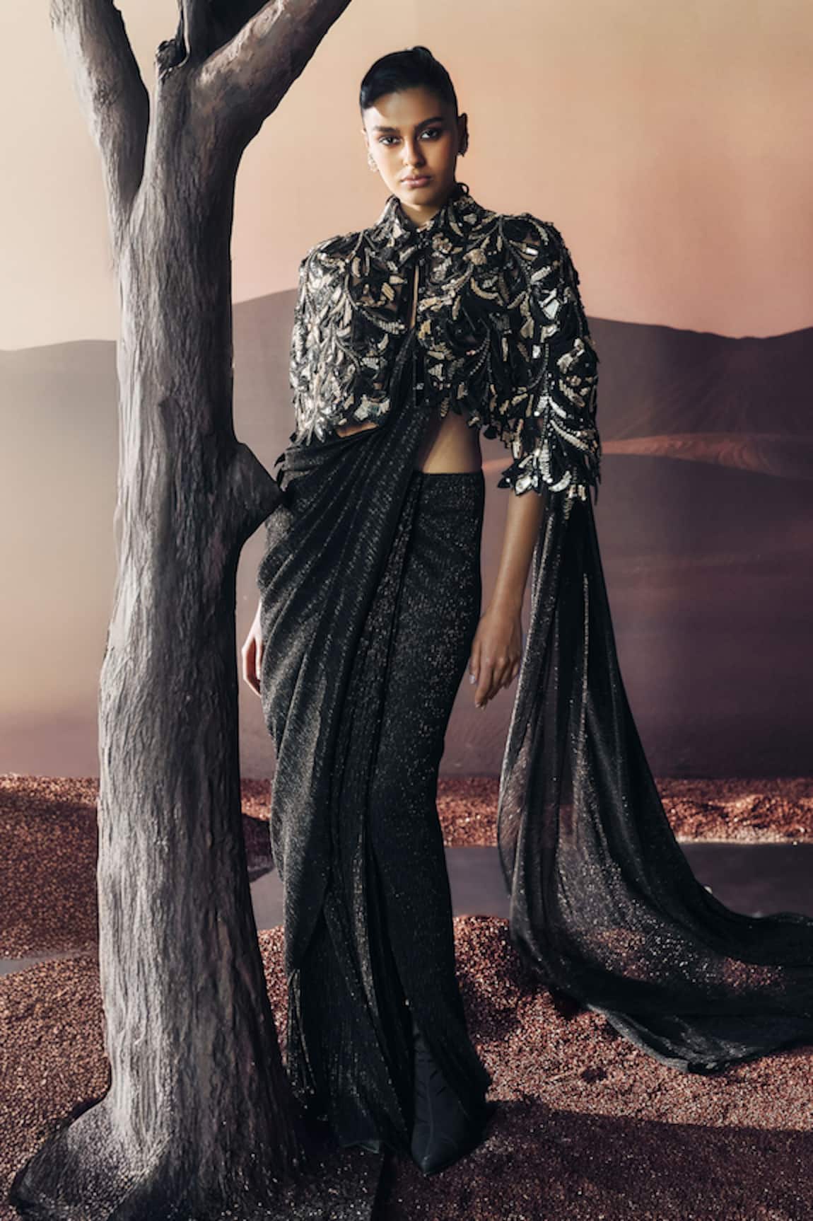 Pankaj & Nidhi Araquis Noir Majesty Cape & Pre- Draped Saree Set 