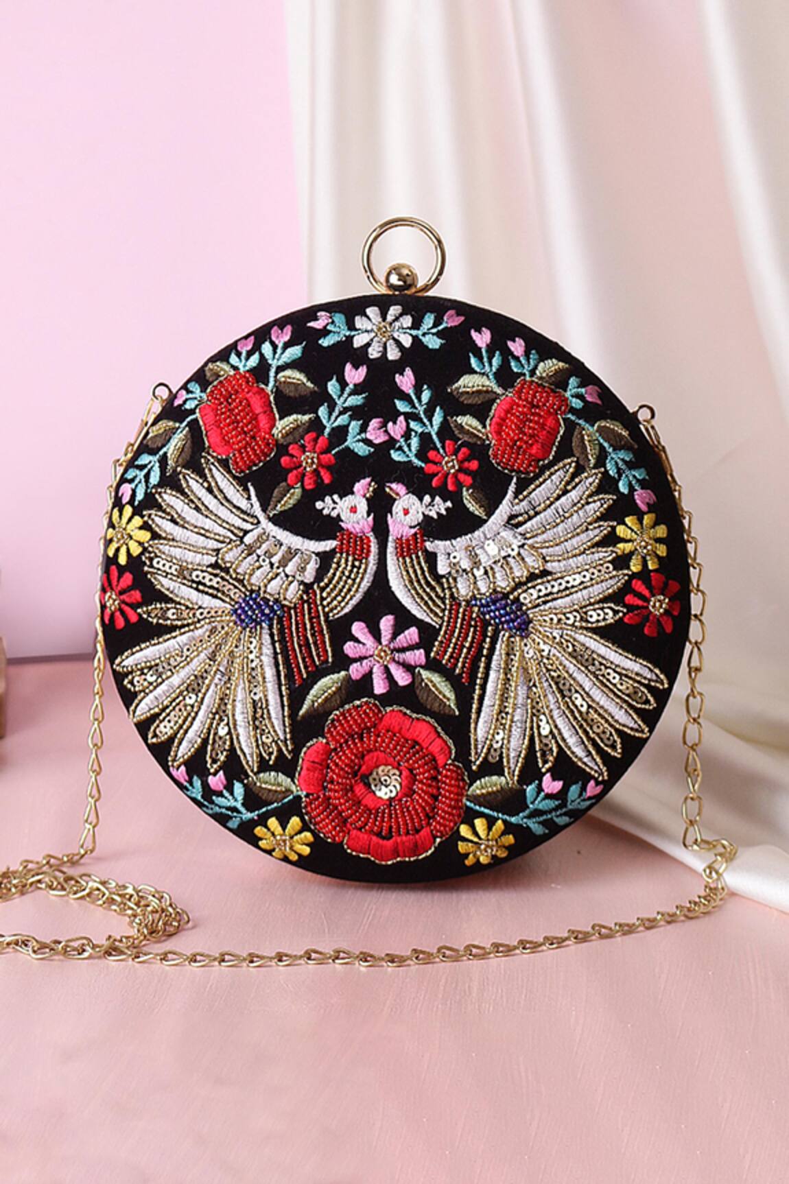 Nazaakat By Samara Singh Embroidered Round Clutch With Sling 