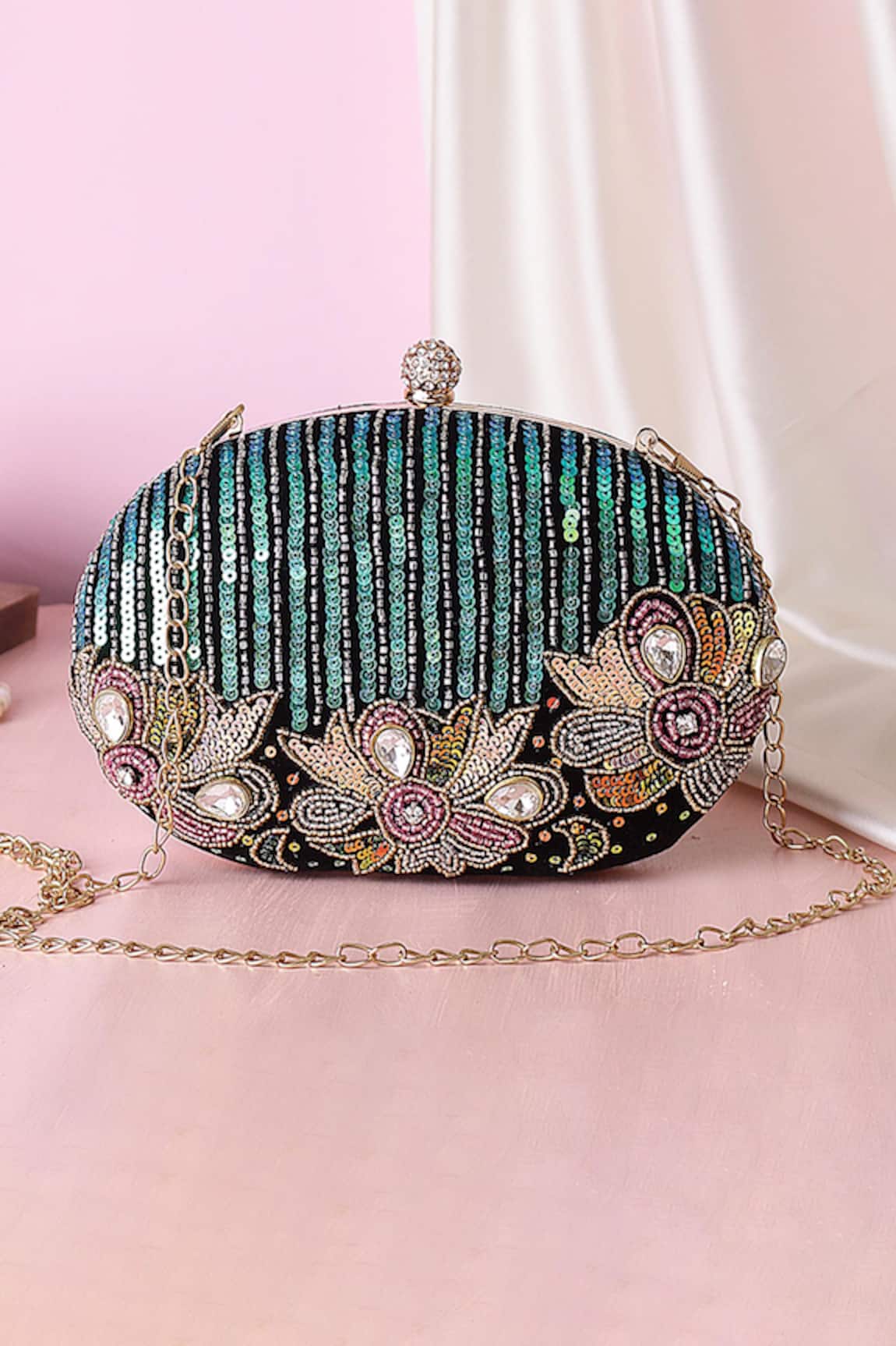 Nazaakat By Samara Singh Embellished Sequin & Stone Oval Clutch 