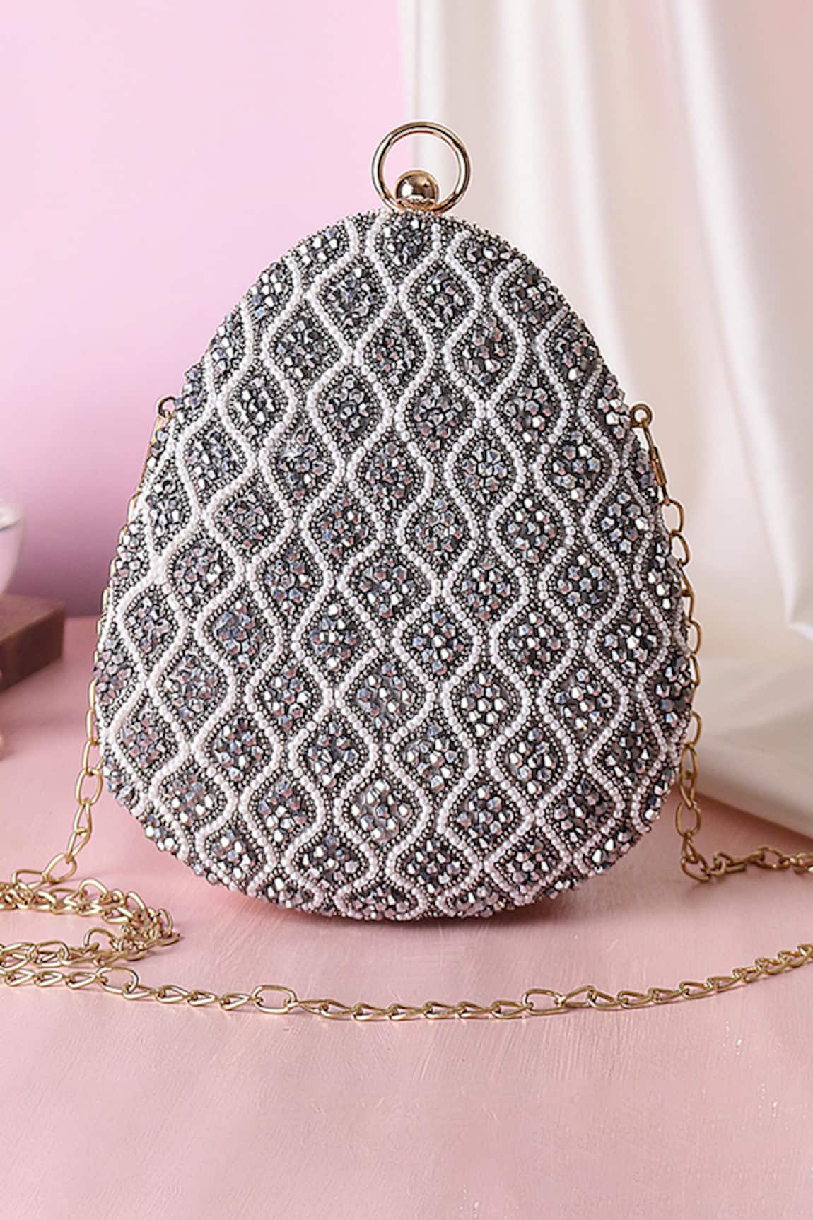 Nazaakat By Samara Singh Beaded Embellished Oval Clutch With Sling 