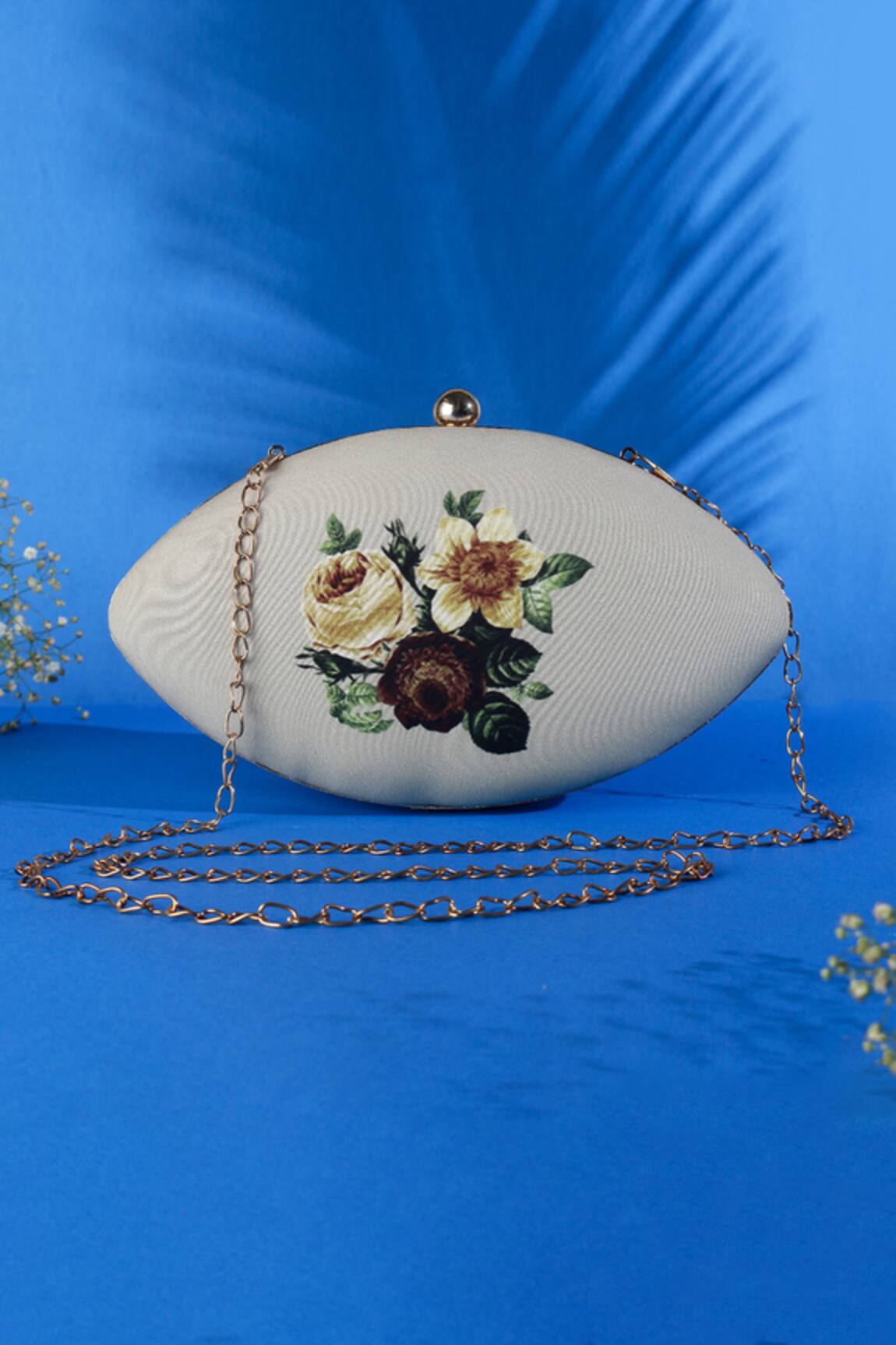 Nazaakat By Samara Singh Floral Printed Oval Clutch With Detachable Sling 