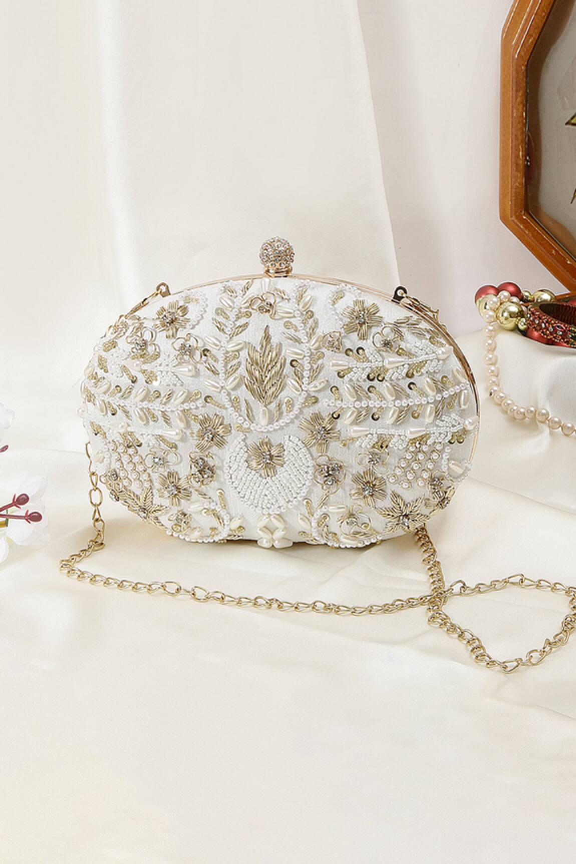 Nazaakat By Samara Singh Embroidered Pearl & Sequin Clutch with Sling 