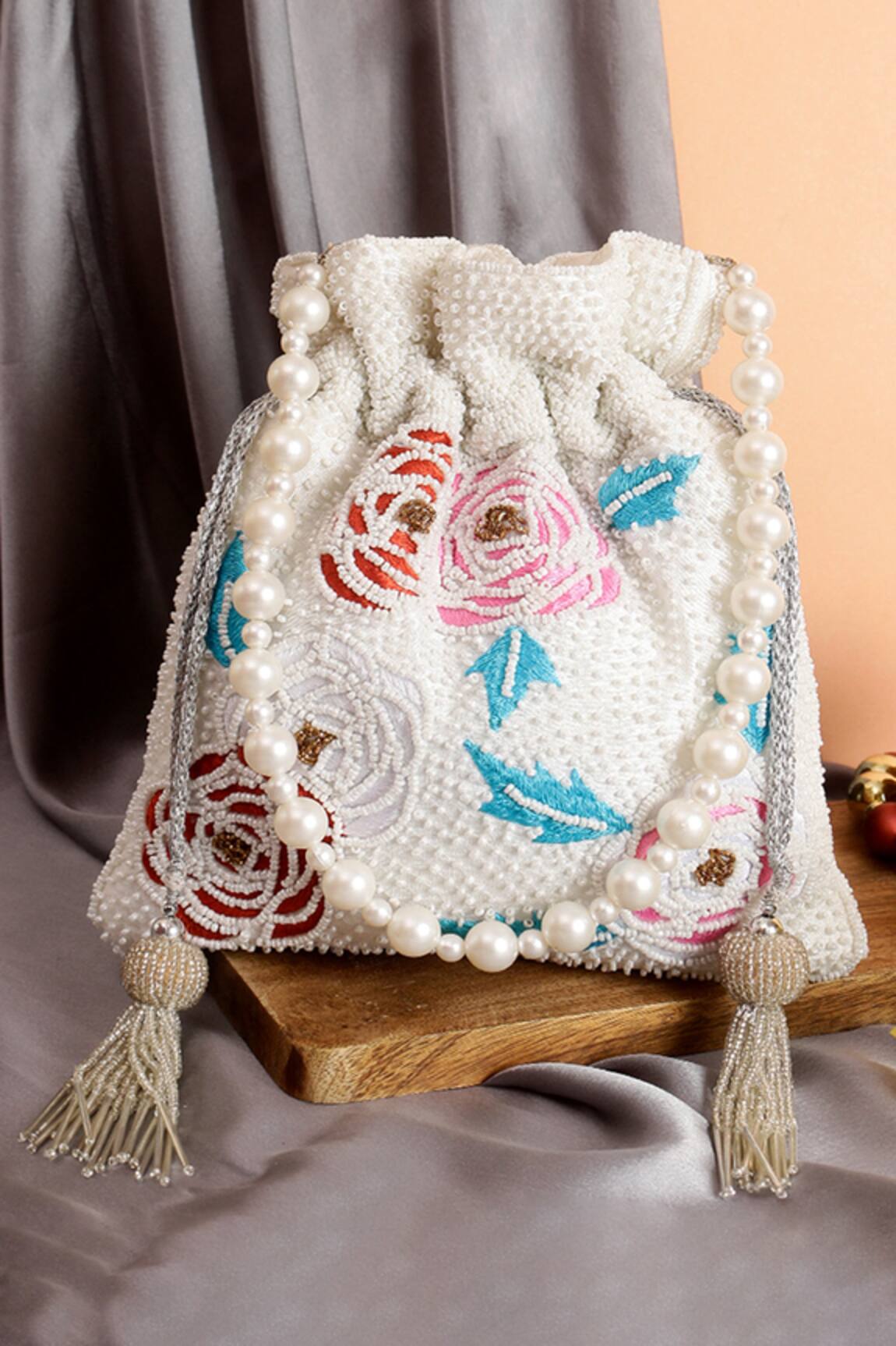 Nazaakat By Samara Singh Floral Embroidered Potli Bag With Pearl Handle 