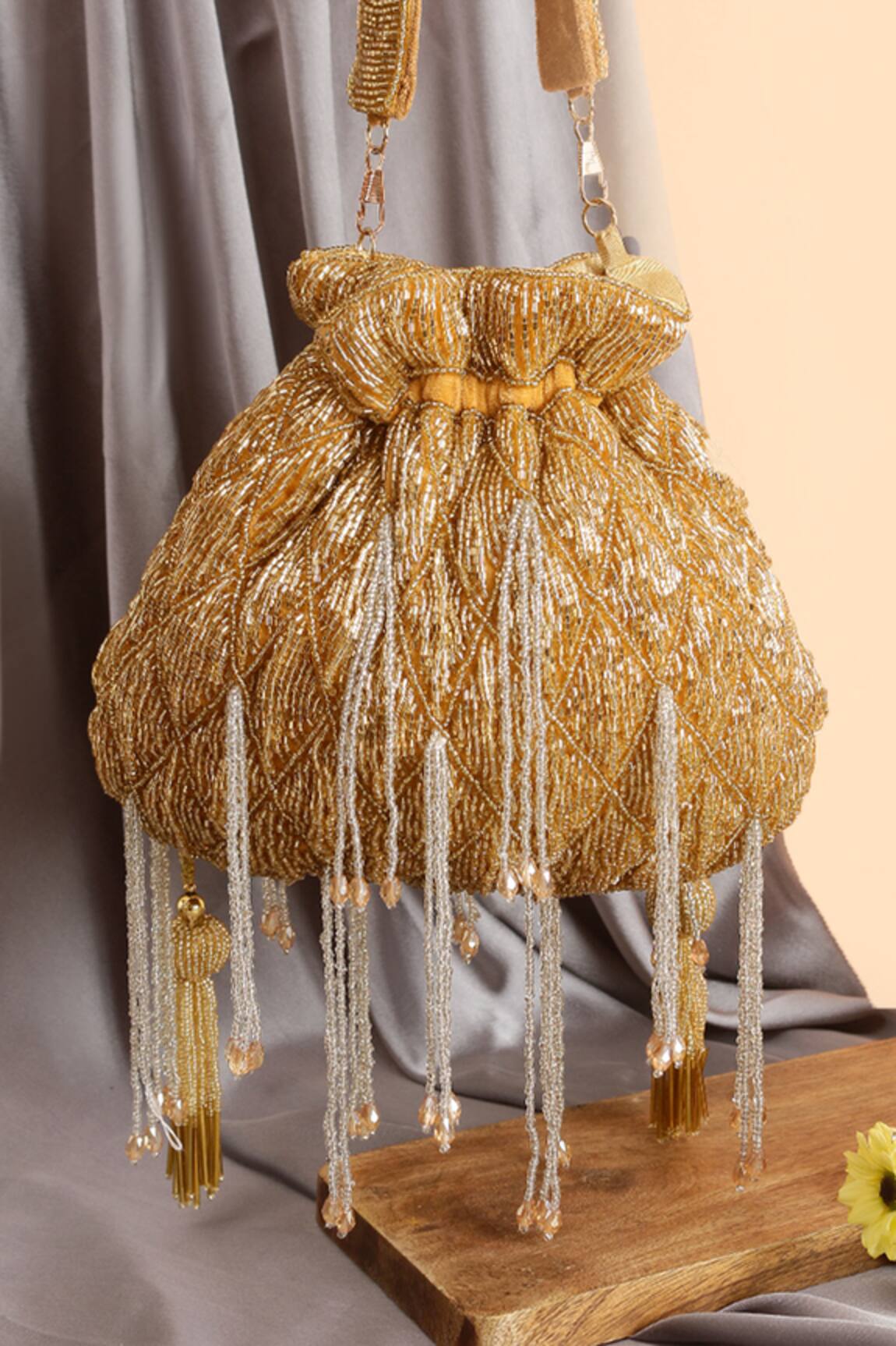 Nazaakat By Samara Singh Beaded Drawstring Potli Bag With Tassels 