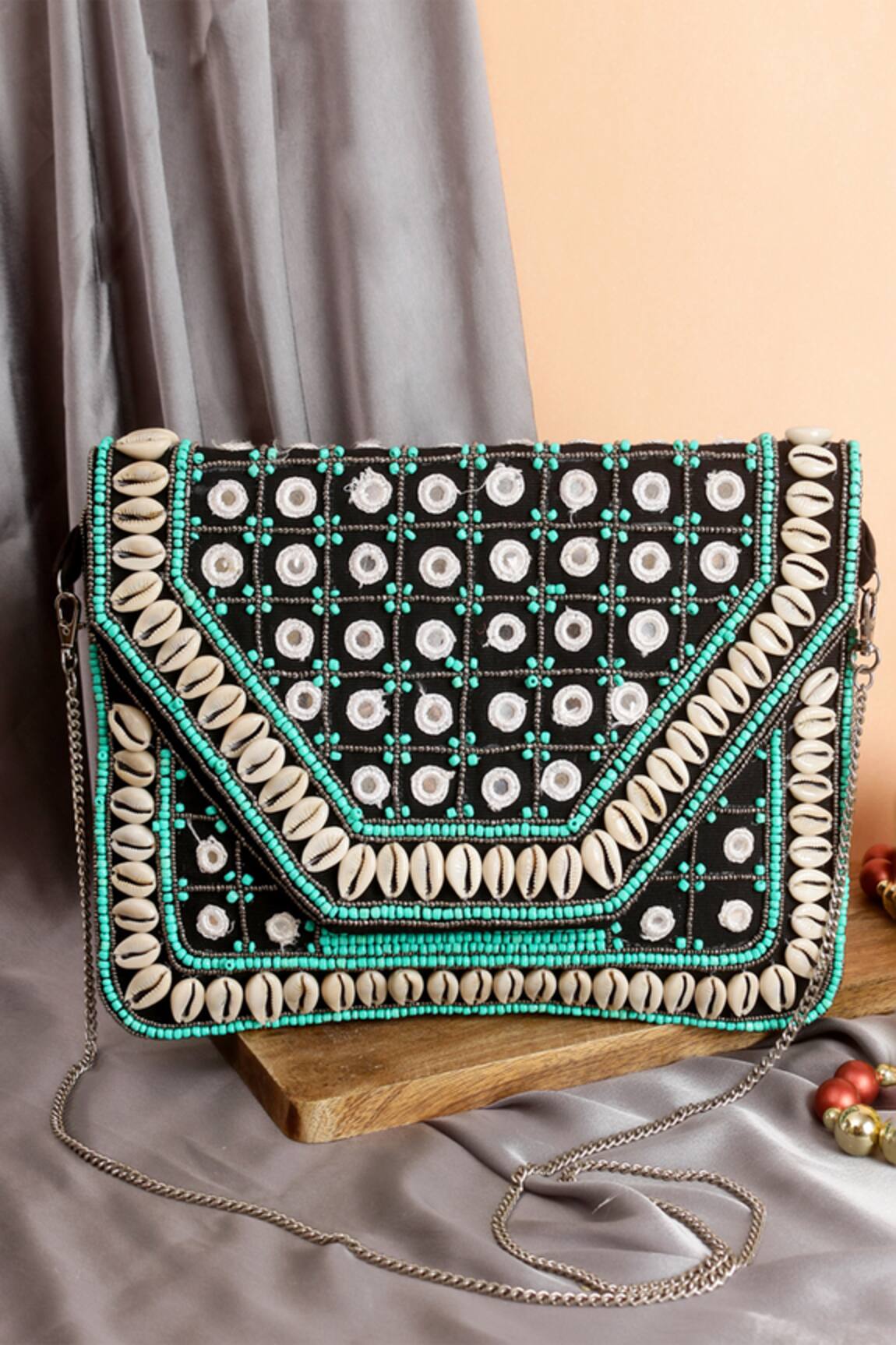 Nazaakat By Samara Singh Cowrie Shell & Mirror Embellished Clutch Bag 