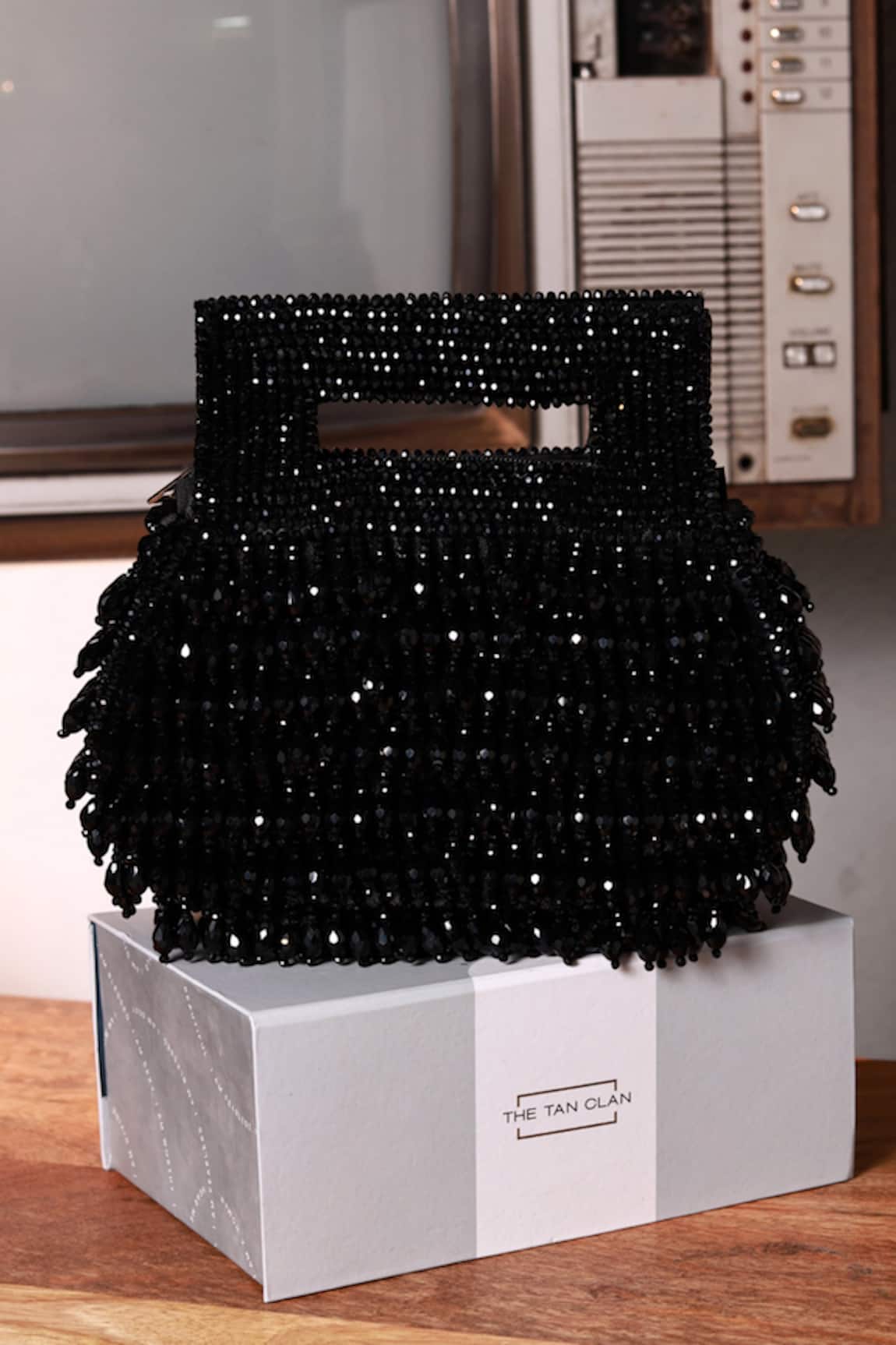The Tan Clan Cindy Black Pearls Box Clutch 