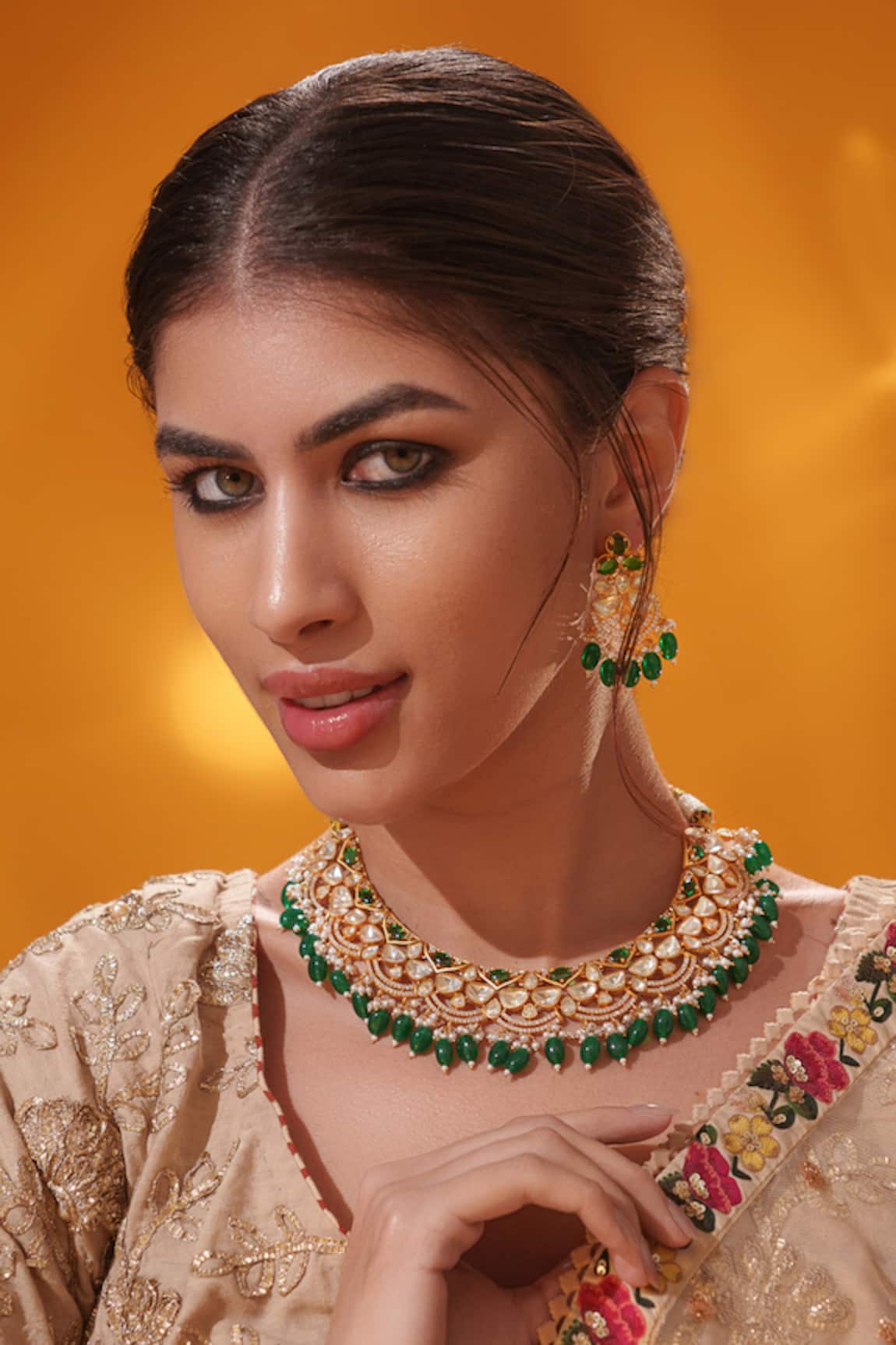 Zevar By Geeta Green Bead Drop Necklace Set 