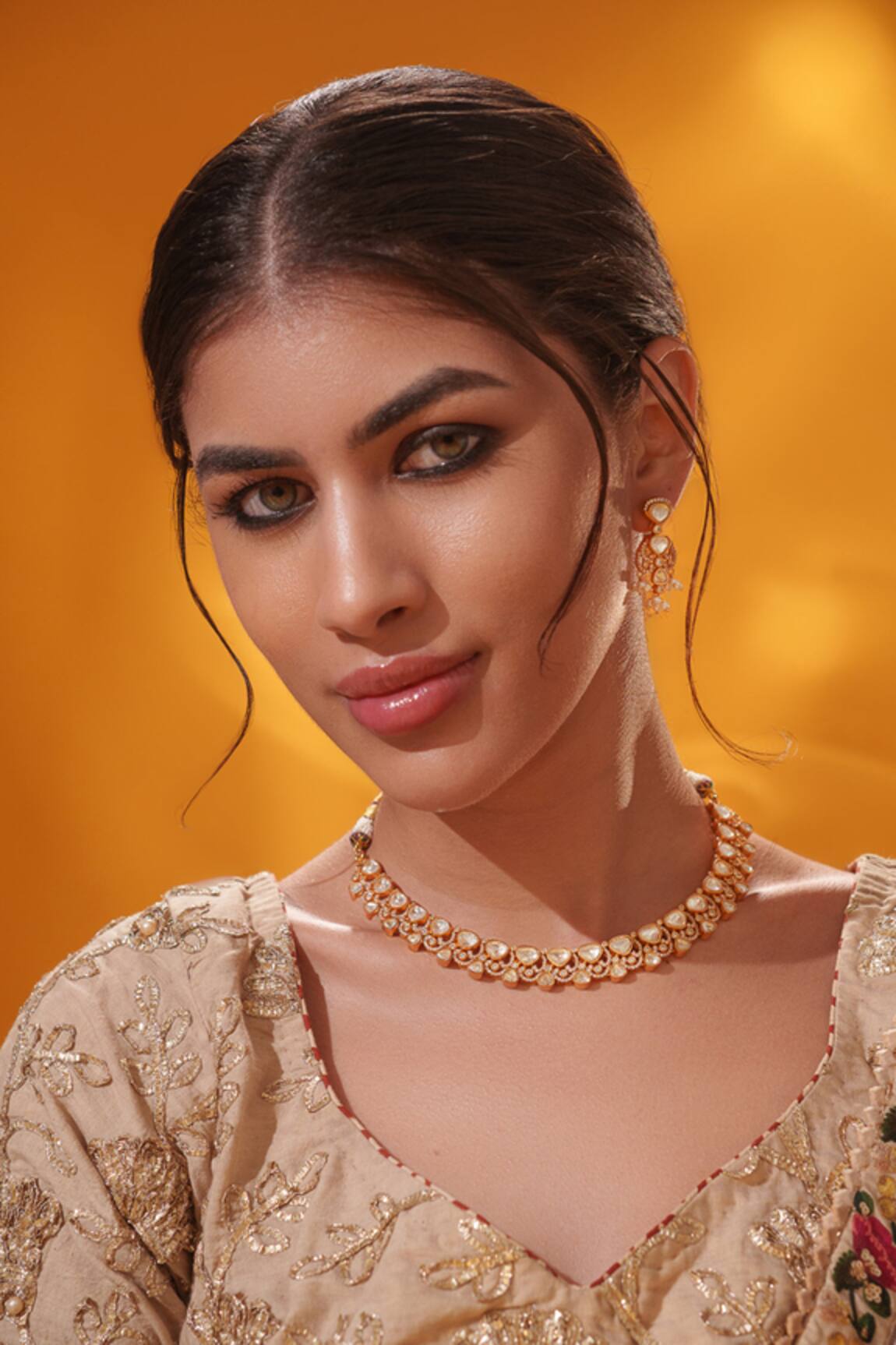Zevar By Geeta Studded Necklace With Bead Drop Earrings 