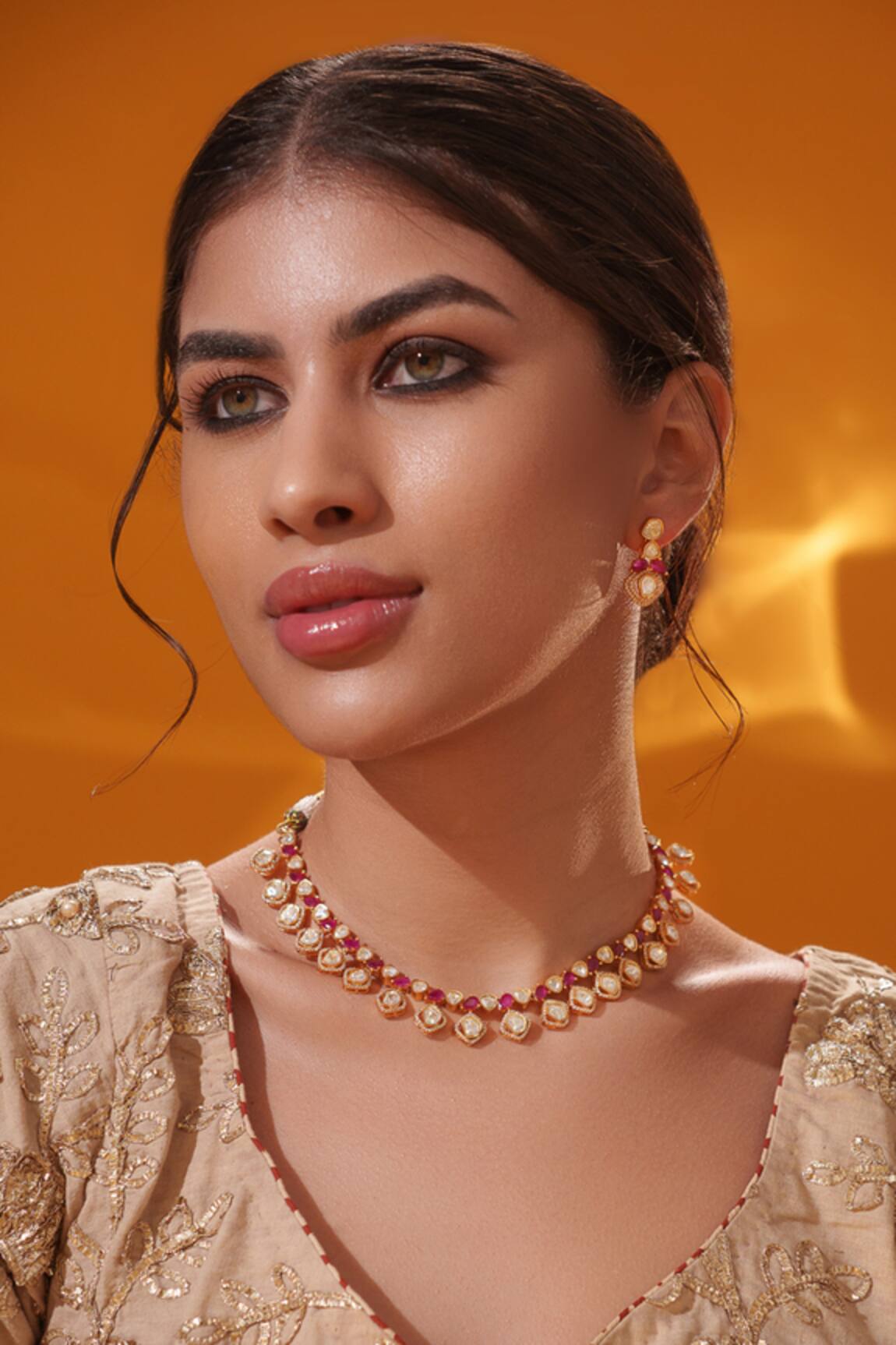 Zevar By Geeta Red Stone Embellished Necklace Set 