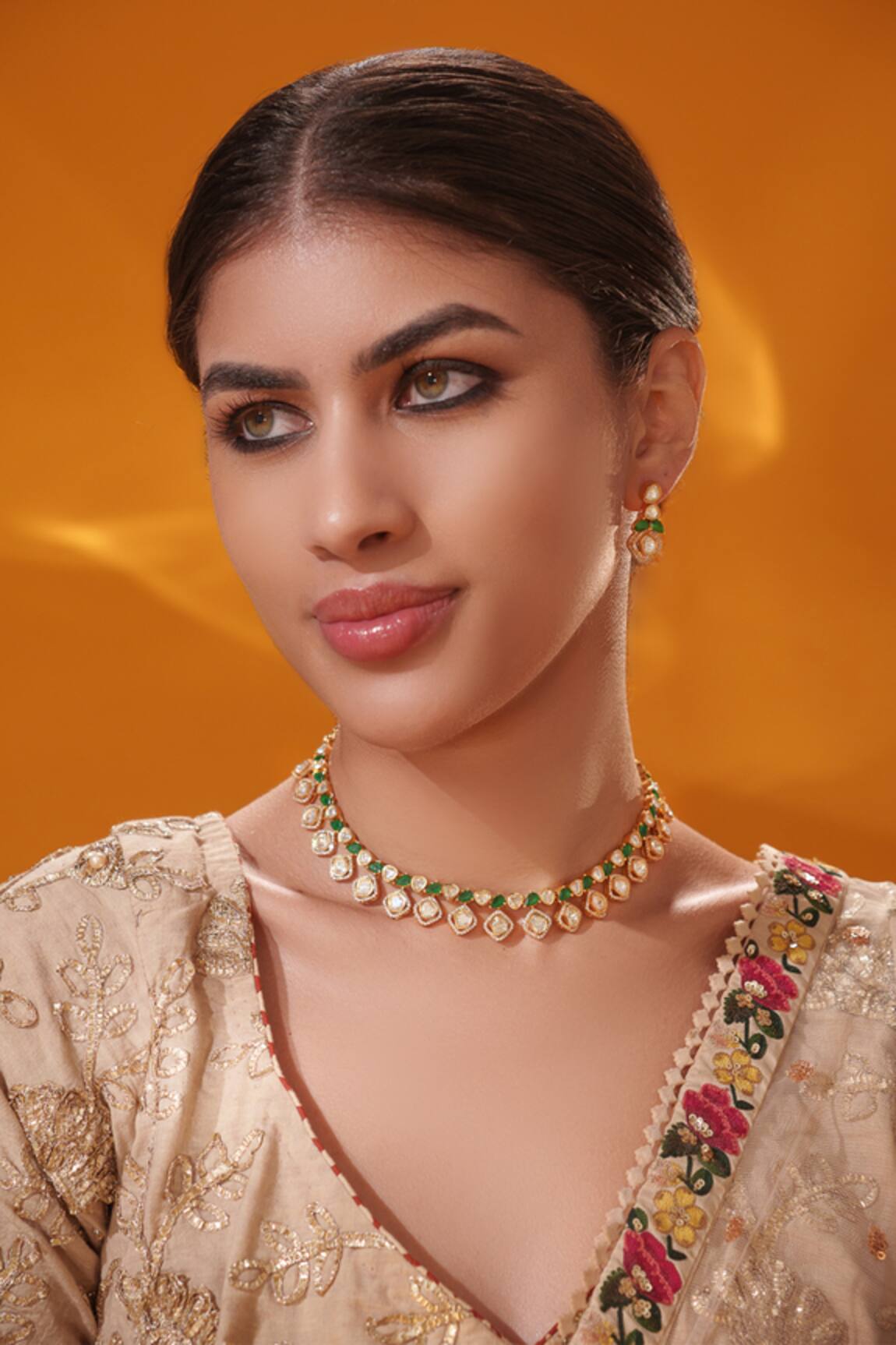 Zevar By Geeta Green Stone Embellished Necklace Set 