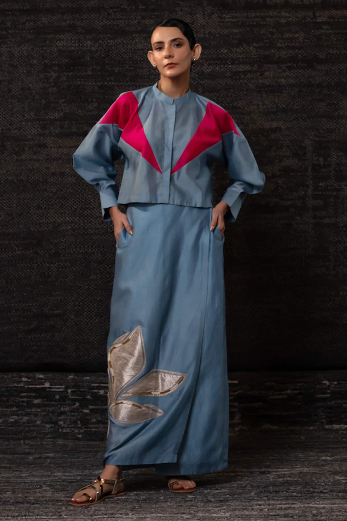 Eeda Color Block Jacket With Skirt