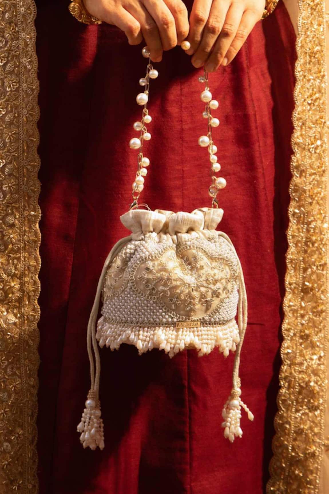 Amyra Sehra Pearl Embroidered Mini Potli - Beige 