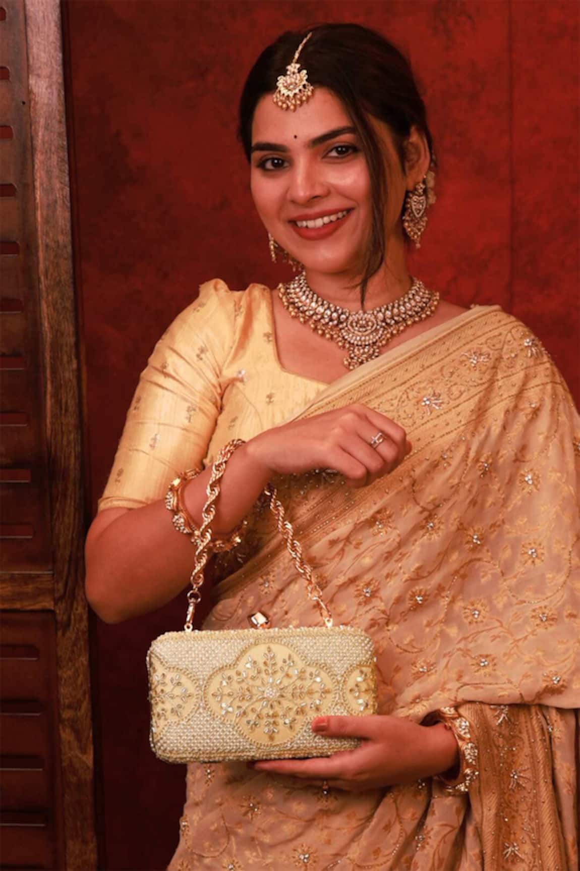 Amyra Sehra Pearl Embroidered Clutch - Beige 