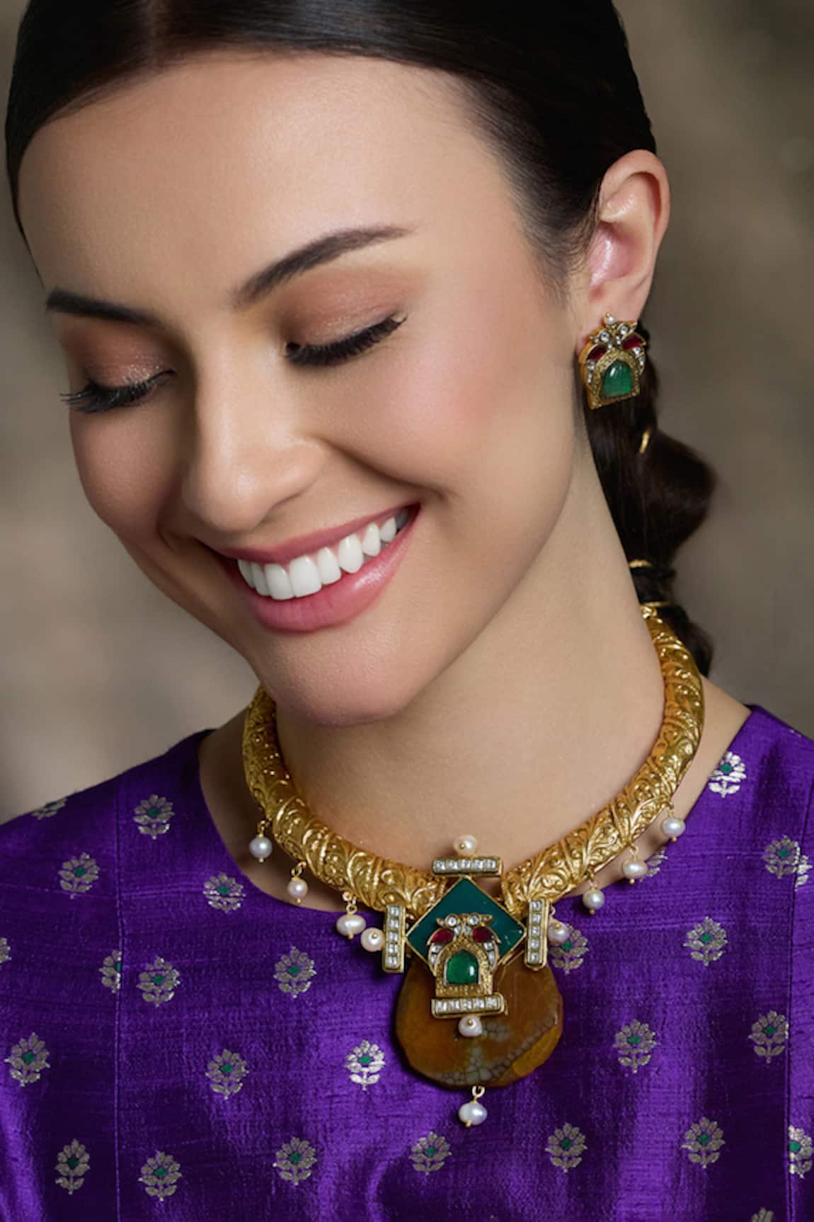 Joules By Radhika Antique Temple Embellished Pendant Necklace Set 