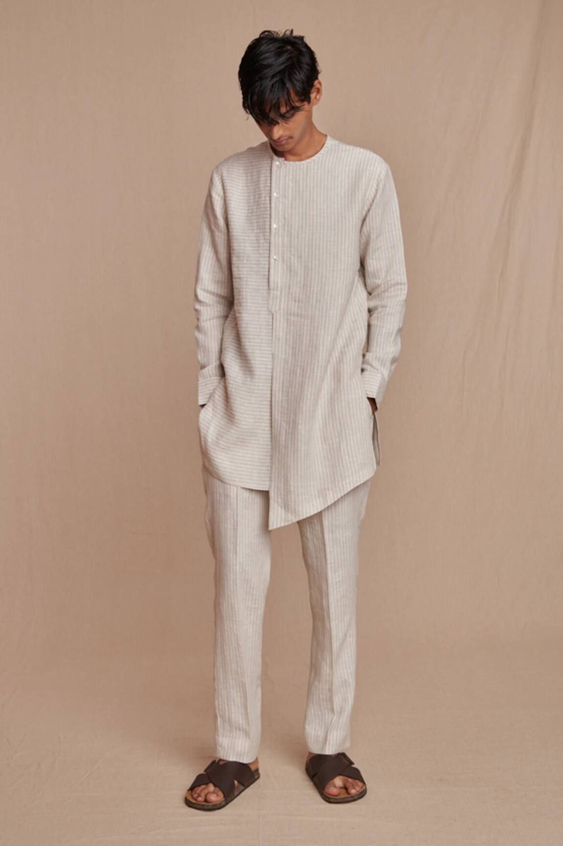 Saphed Undyed Pinstripe Linen Side Open Kurta Set