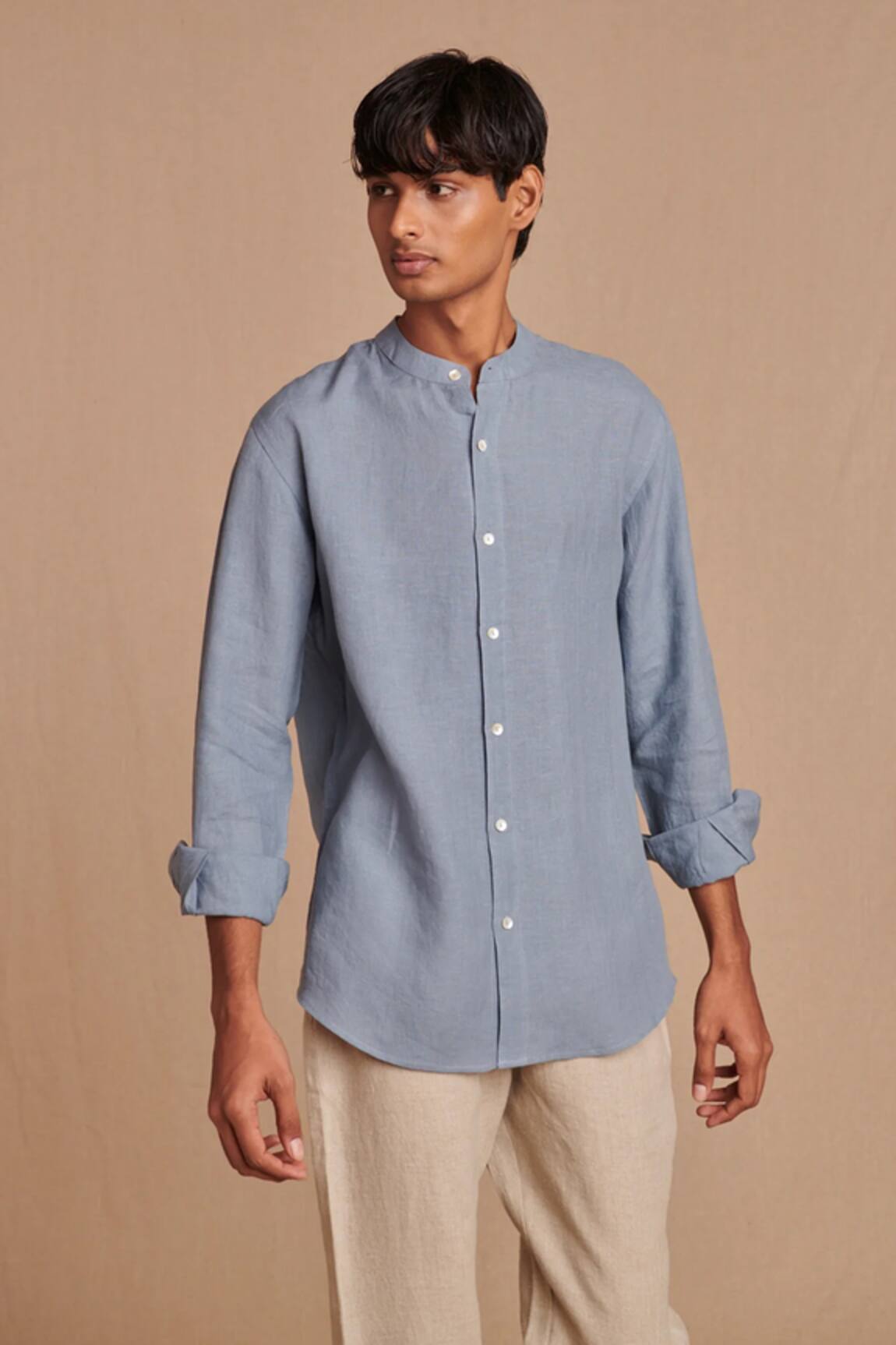 Saphed Sky Linen Band Collar Shirt