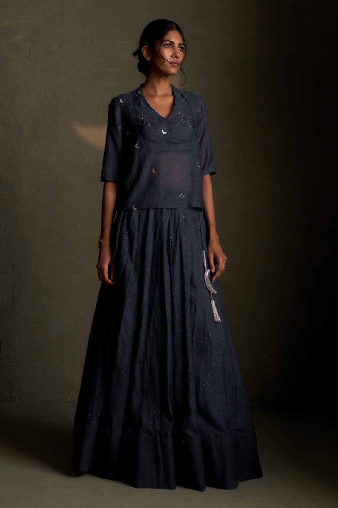 Charkhee Cresent Moon Pattern Tunic & Lehenga Set 