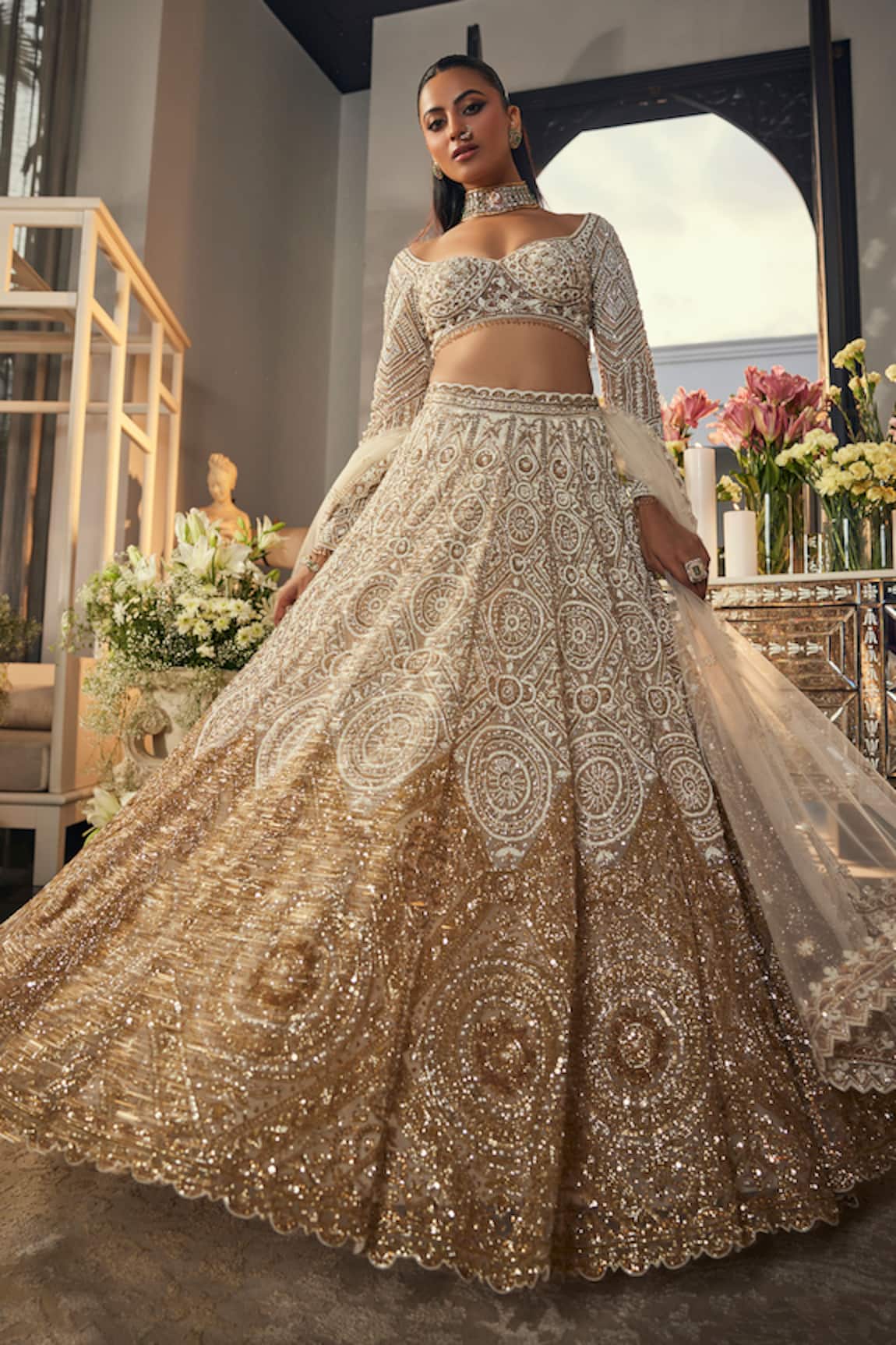 Isa By Dolly Wahal Ombre Gold Embroidered Bridal Lehenga Set