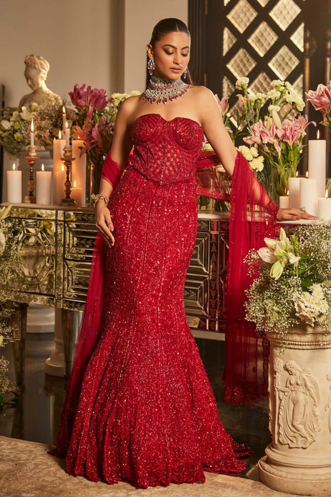 Isa By Dolly Wahal Scarlet Embroidered Blouse & Lehenga Set