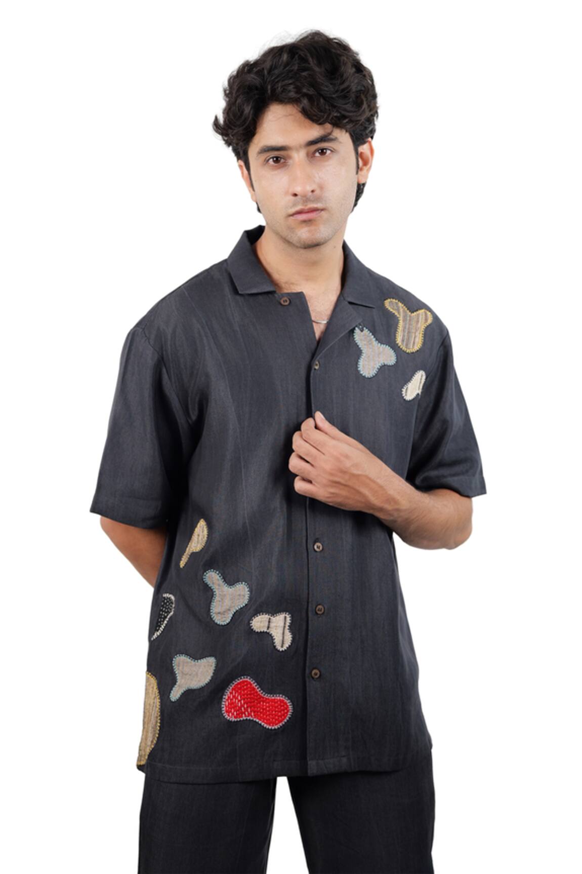 Raw & Rustic By Niti Bothra Black Denim Grid Patchwork Shirt 