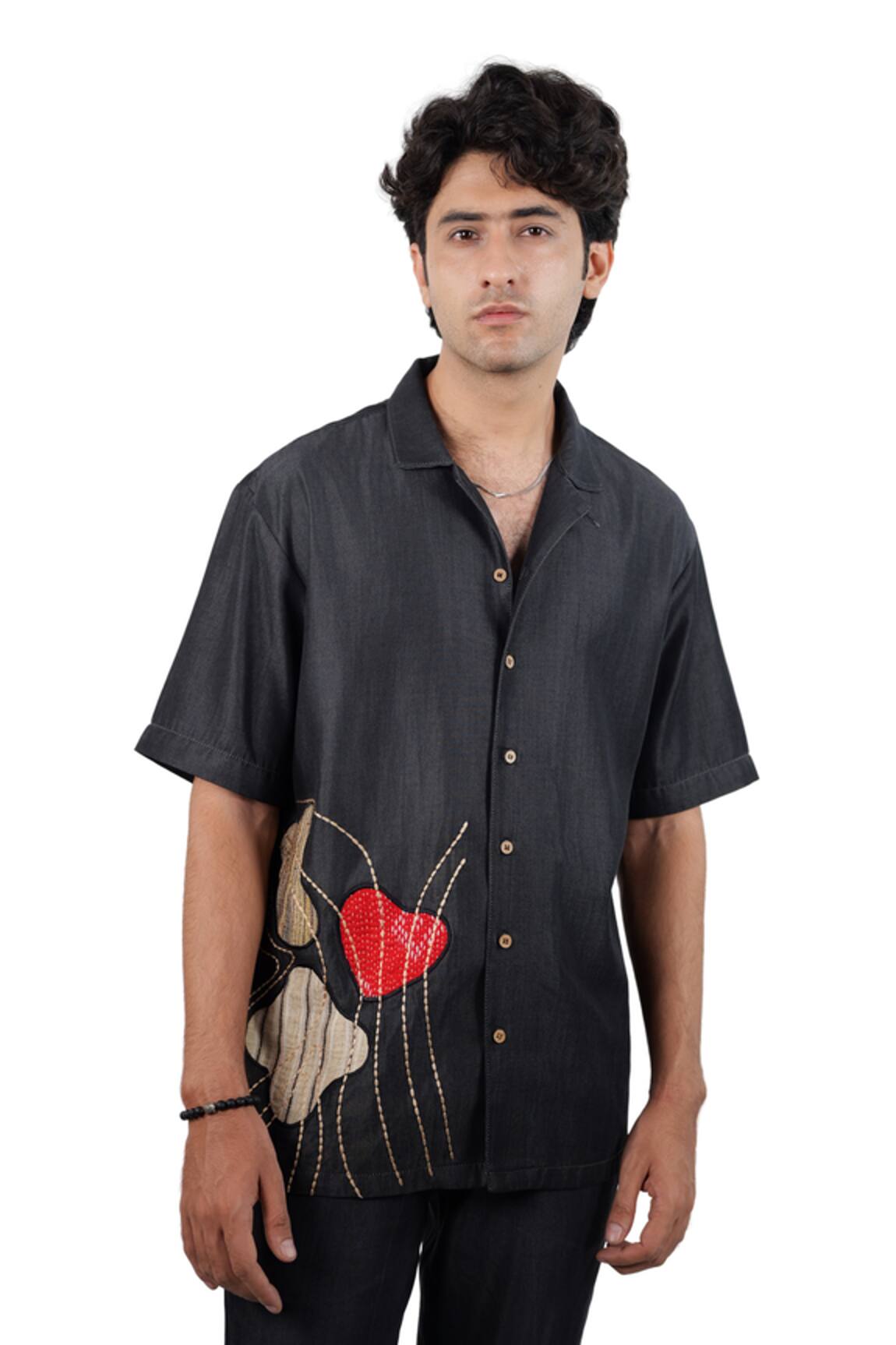 Raw & Rustic By Niti Bothra Black Denim Rust Panel Patchwork Shirt 