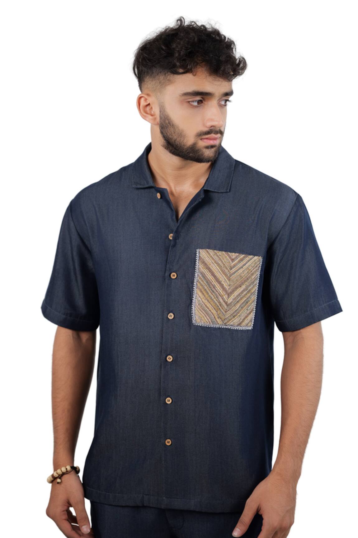 Raw & Rustic By Niti Bothra Dark Blue Denim Earth Patchwork Shirt 