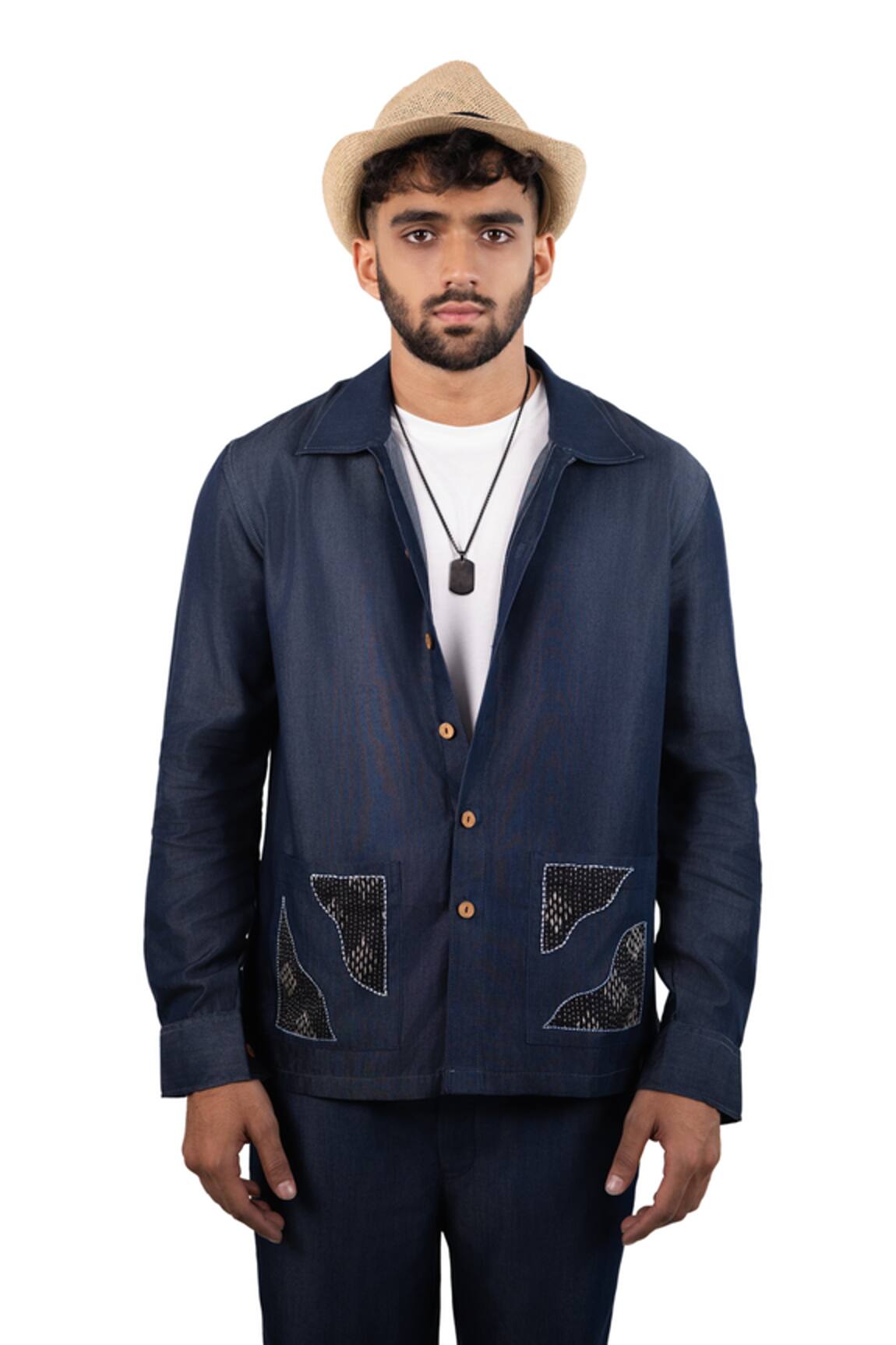 Raw & Rustic By Niti Bothra Dark Blue Denim Artisanal Kantha Patchwork Shacket 
