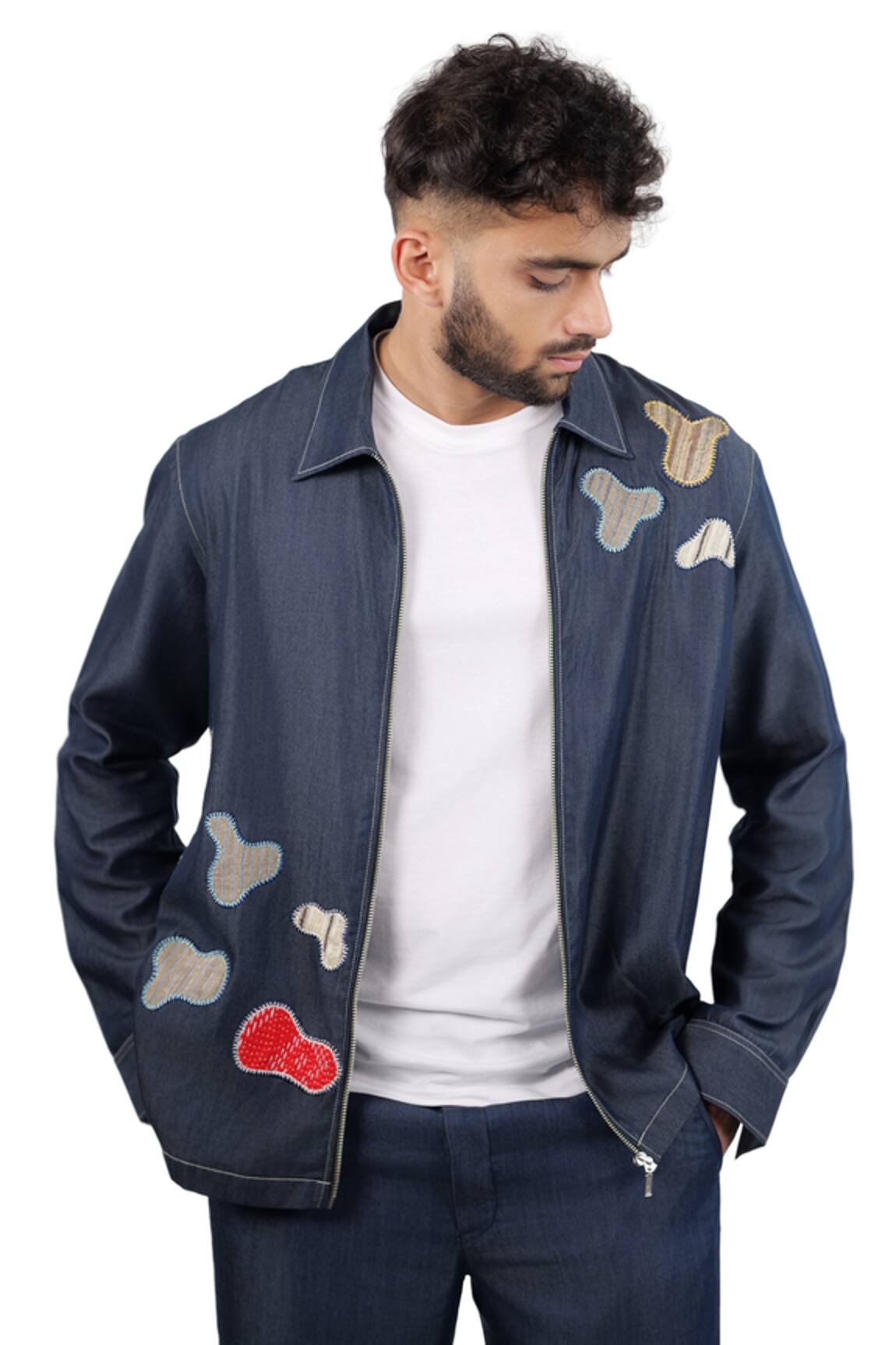 Raw & Rustic By Niti Bothra Dark Blue Denim Grid Zipper Patchwork Shacket 
