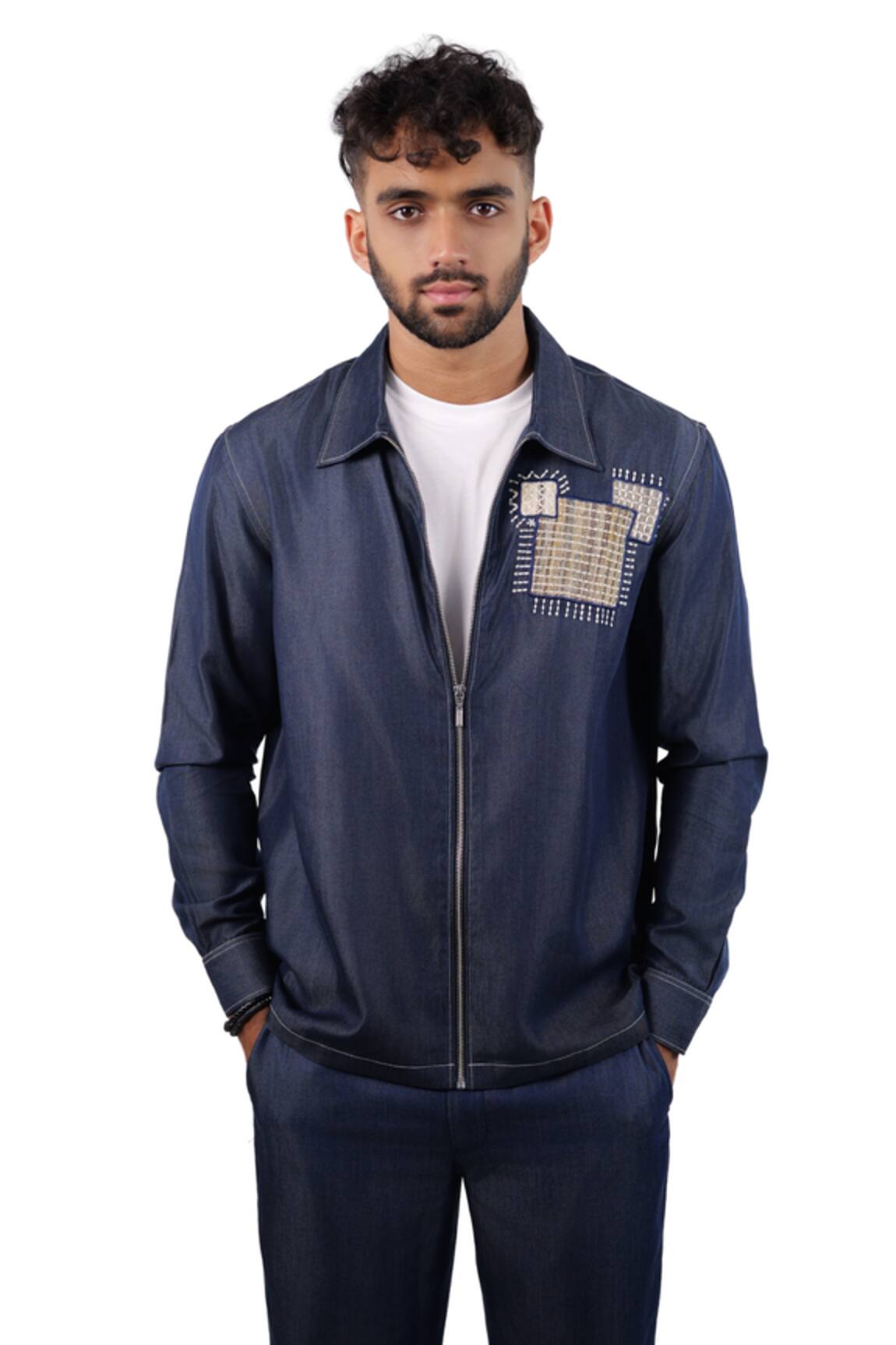 Raw & Rustic By Niti Bothra Dark Blue Denim Midnight Mosaic Zipper Patchwork Shacket 