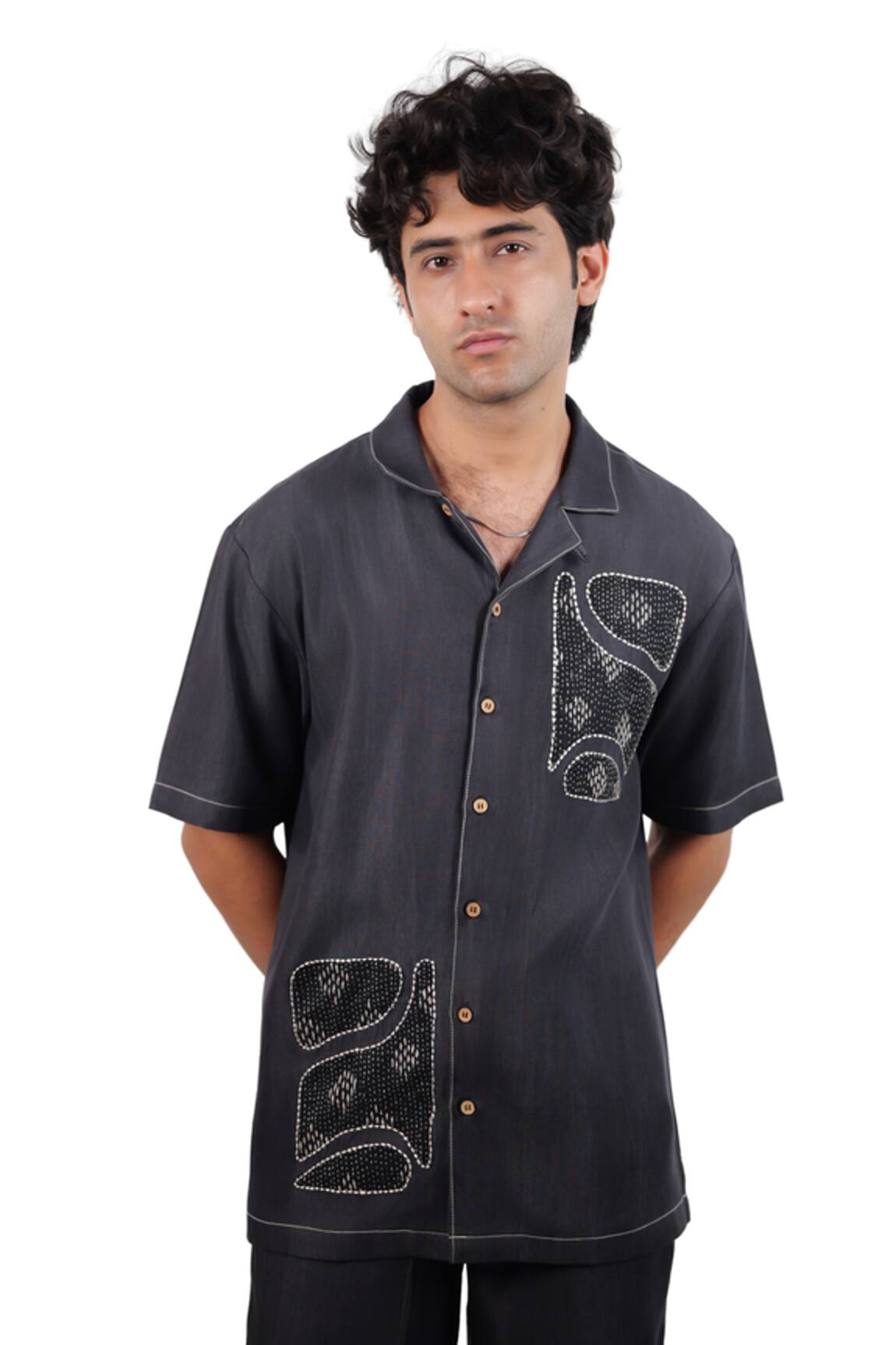 Raw & Rustic By Niti Bothra Black Denim Kantha Patchwork Shirt 