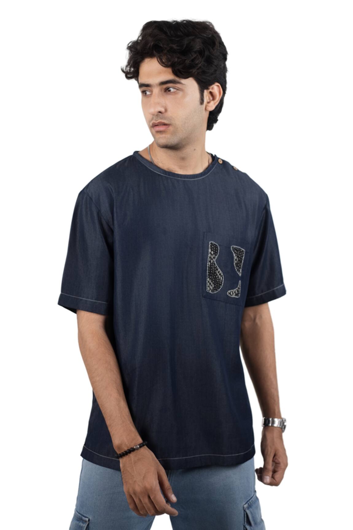 Raw & Rustic By Niti Bothra Dark Blue Denim Kantha Patch Pocket T-Shirt 