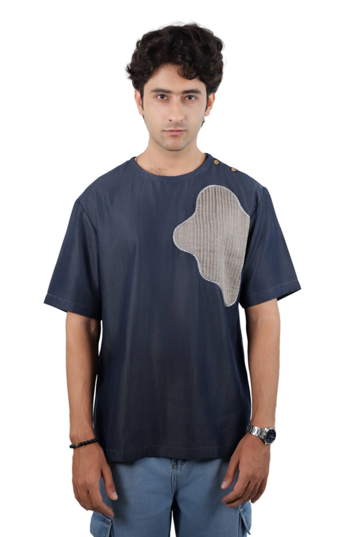 Raw & Rustic By Niti Bothra Dark Blue Denim Abstract Patchwork T-Shirt 